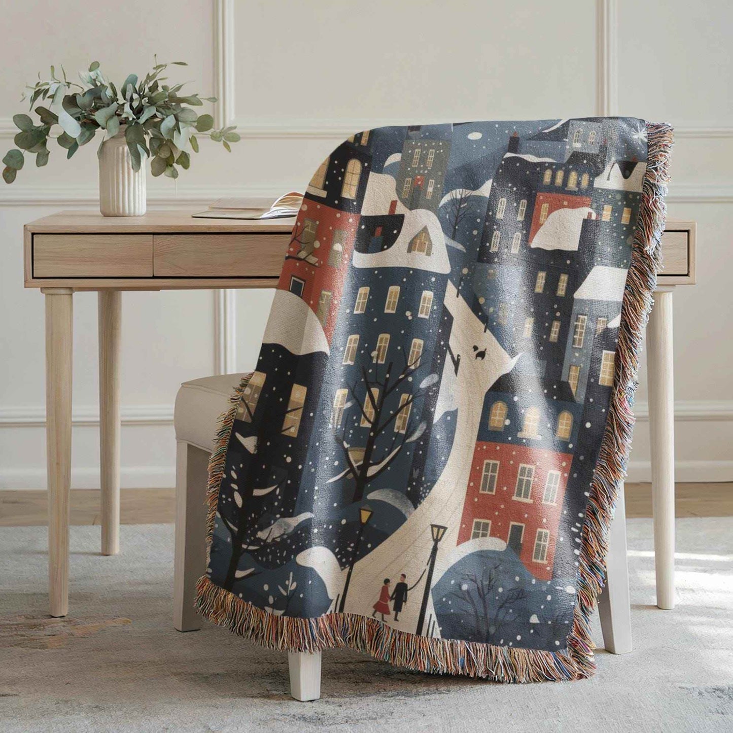 Xmas Village Throw Blanket – Cozy Cotton Woven Holiday Decor with Fringed Edges - timelessbohochic.com