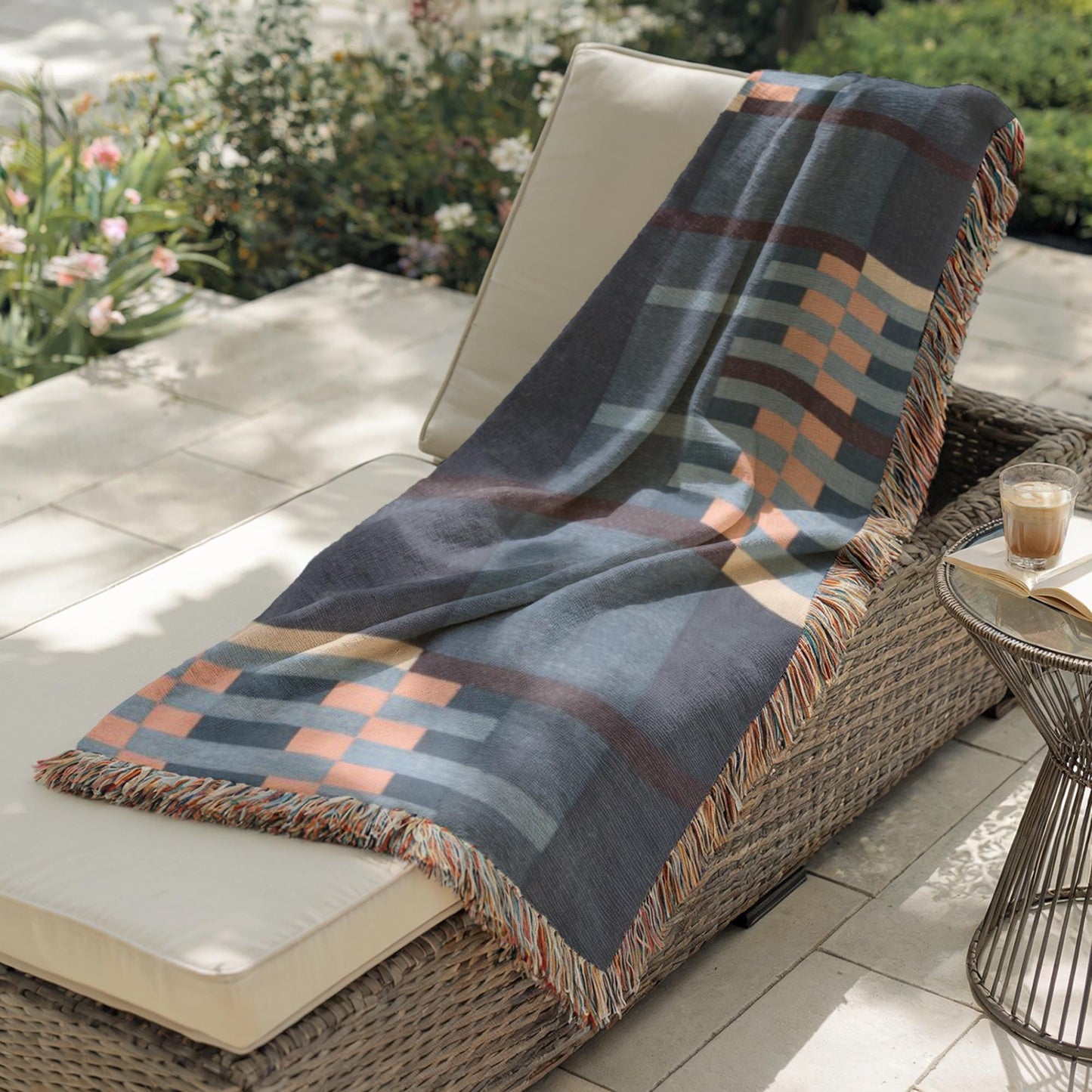 Cotton Woven Throw - Mid Century Modern Patio Picnic Blanket with Colorful Fringed Edges