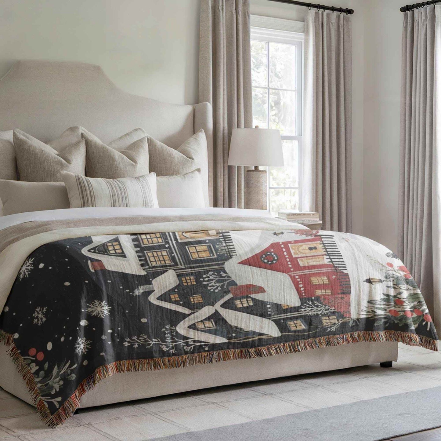 Holiday Cotton Throw - Woven Christmas Village Blanket | Cozy Seasonal Bedroom Accent - timelessbohochic.com