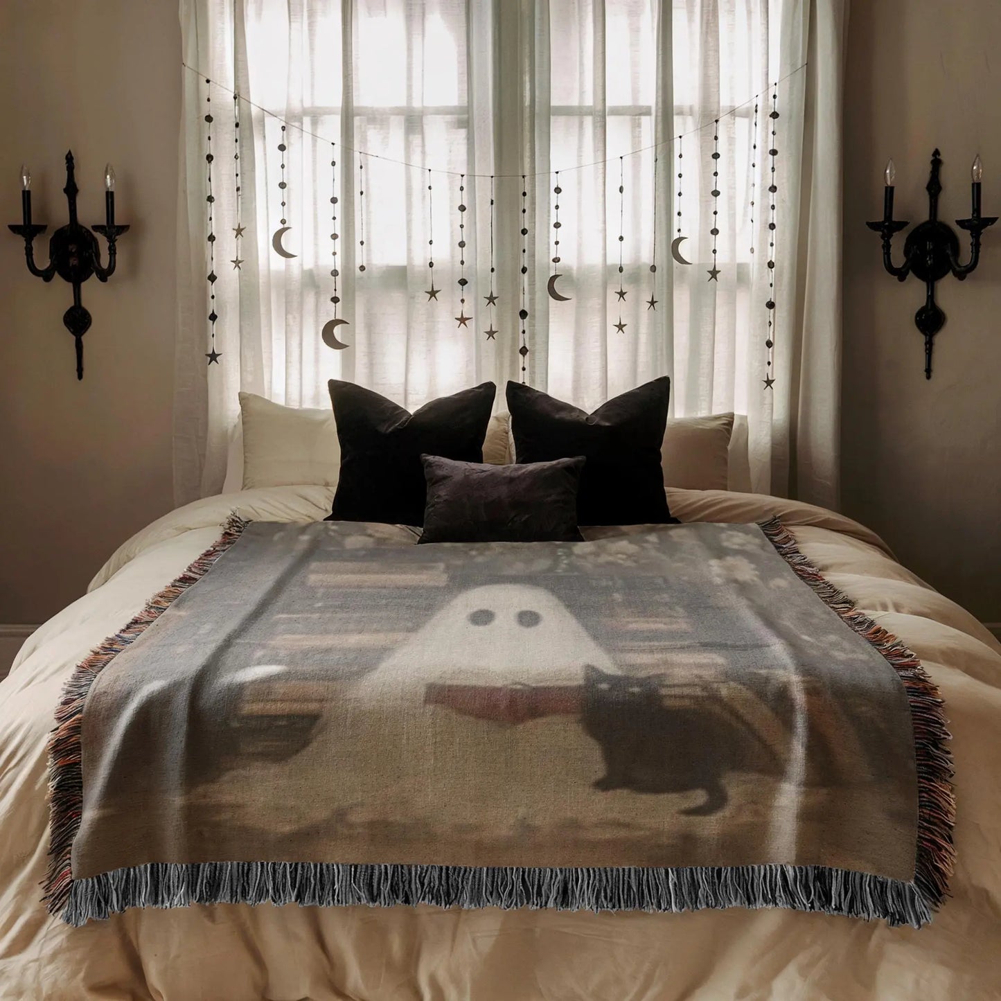 Ghost Book Blanket – Soft Cotton Throw | Cat Cozy Throw | Halloween Home Decor