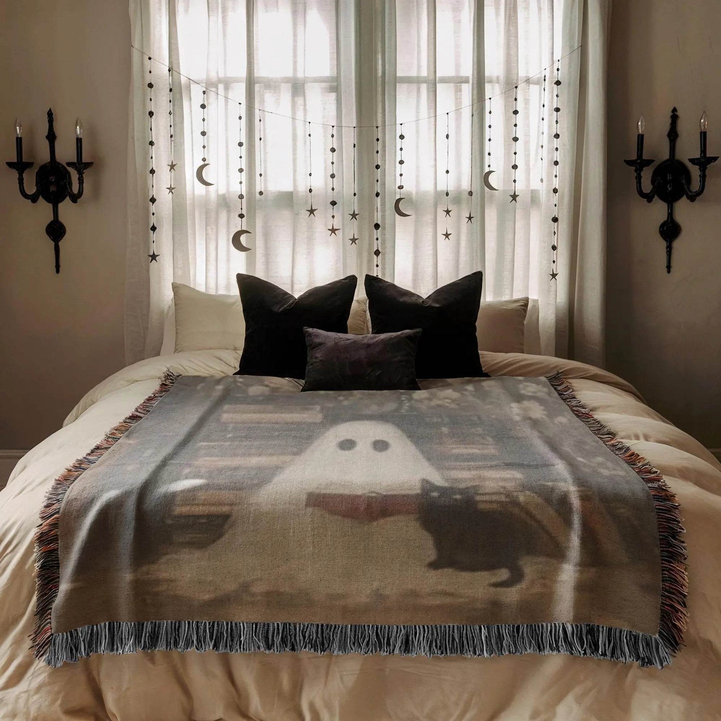 Ghost Book Blanket – Soft Cotton Throw | Cat Cozy Throw | Halloween Home Decor - timelessbohochic.com