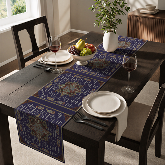 Armenian alphabet table runner in deep blue on a dining table with wooden chairs and a bowl of fruit