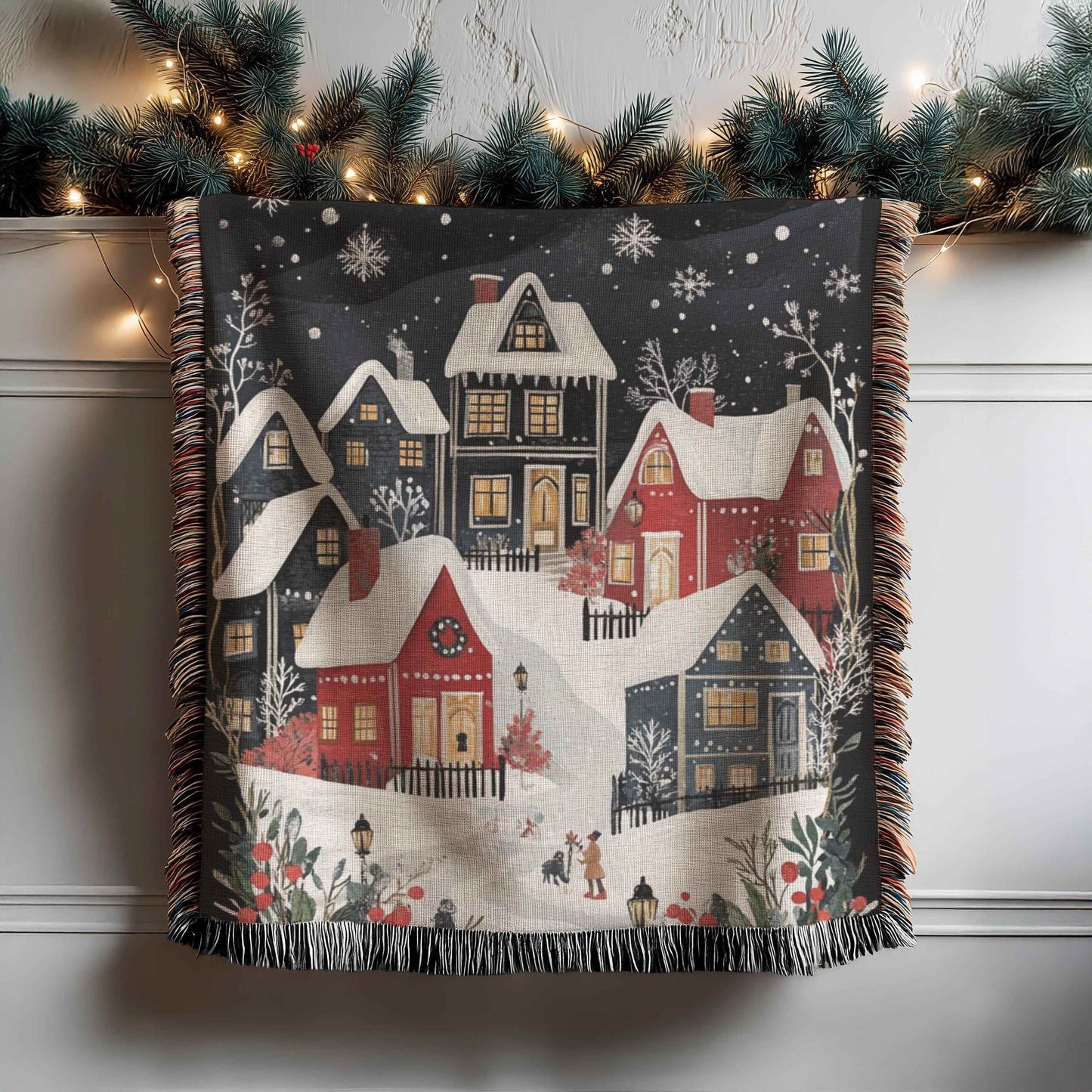 Holiday Cotton Tapestry – Christmas Village Decor | Festive Woven Blanket Throw - timelessbohochic.com