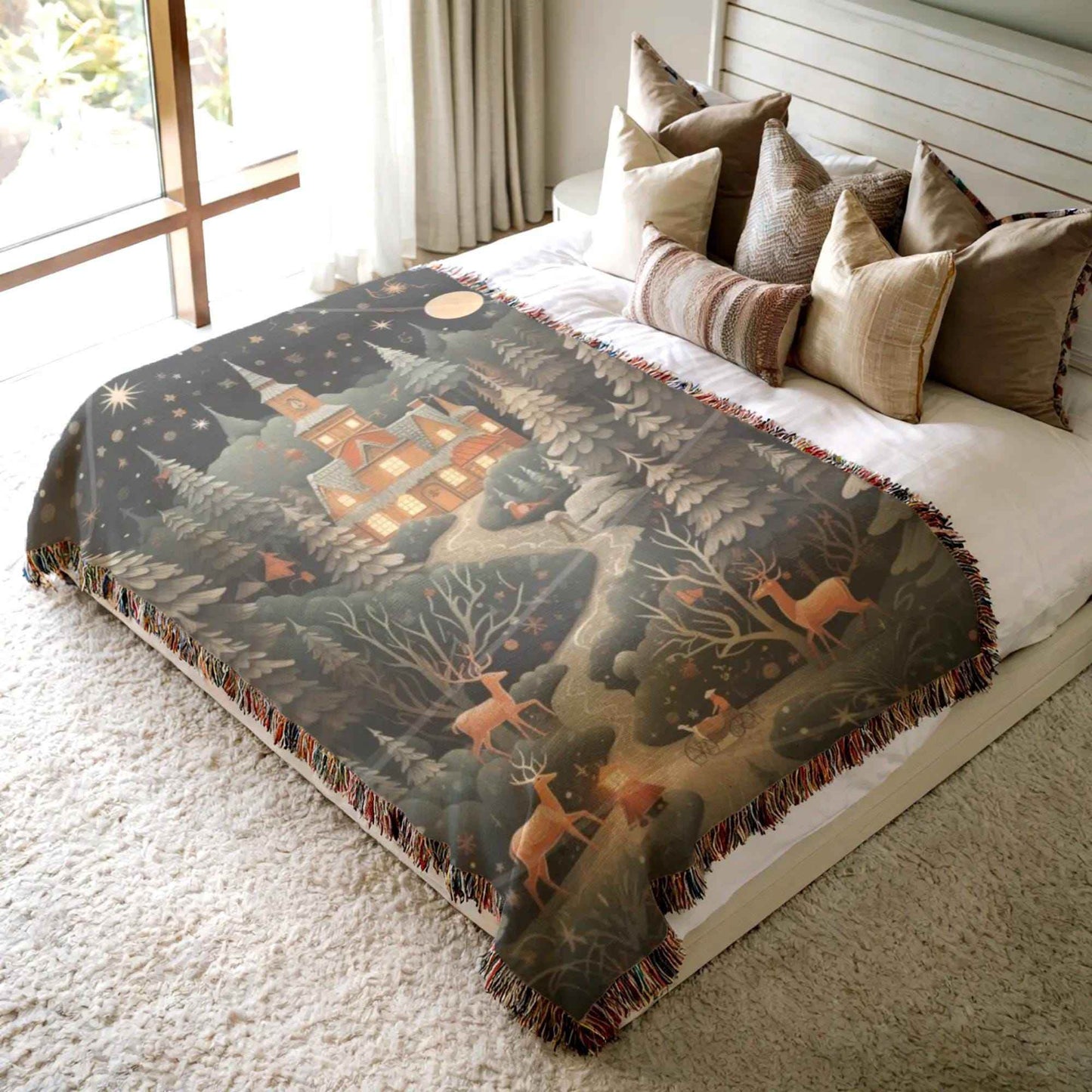 Christmas Bedroom Blanket - Festive Winter Throw with Reindeer & Trees | Soft Cotton Woven - timelessbohochic.com