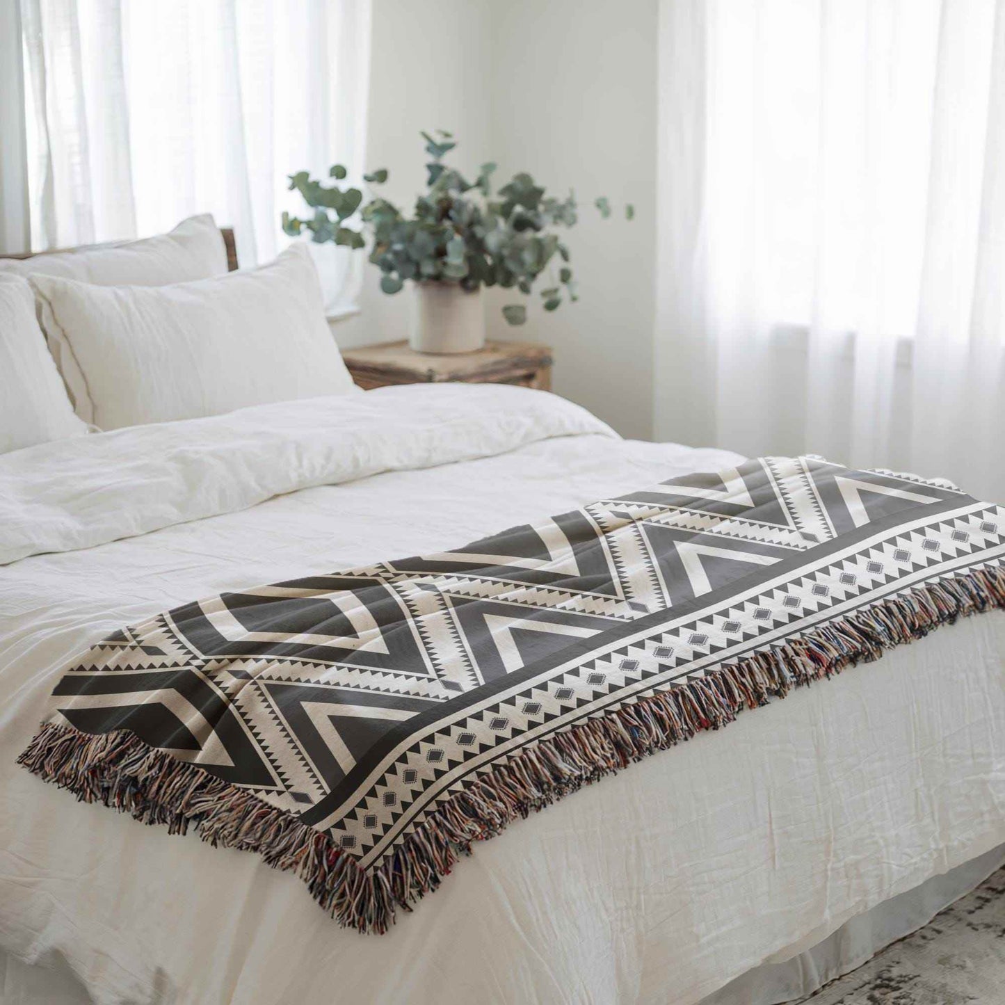 Southwestern Throw Blanket - Boho Cotton Throw with Tribal Pattern and Fringed Edges - timelessbohochic.com