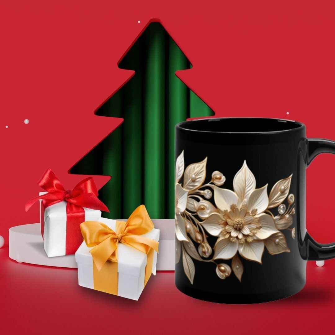 Christmas Tea Cup - Black Ceramic Mug with Retro Poinsettia Design | Microwave Safe - timelessbohochic.com
