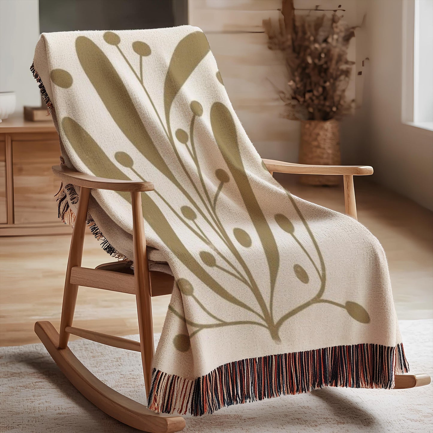 Mid Century Modern Throw - Woven Cotton Blanket with Botanical Pattern | Cozy Scandi Design