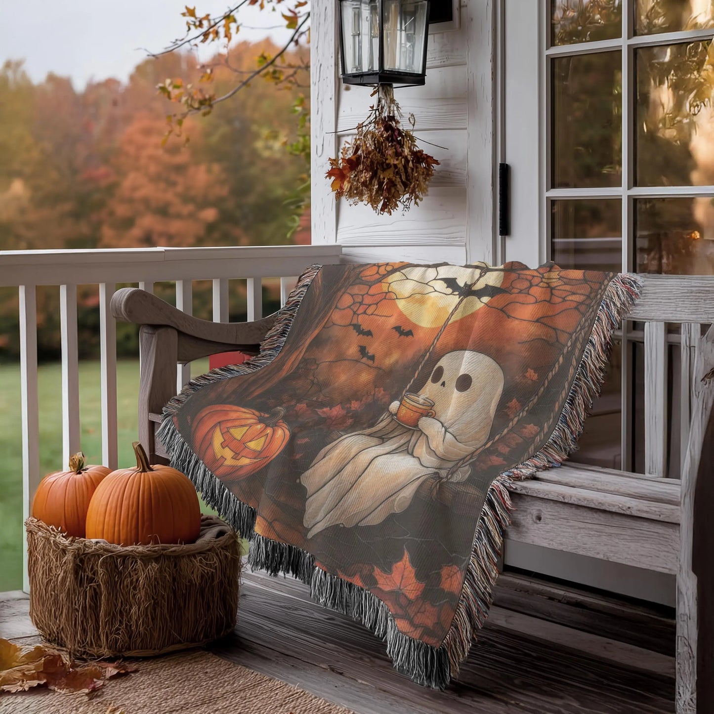 Halloween Throw Blanket - Cozy Woven Cotton Fabric Lap Blanket With Pumpkin Moon Design