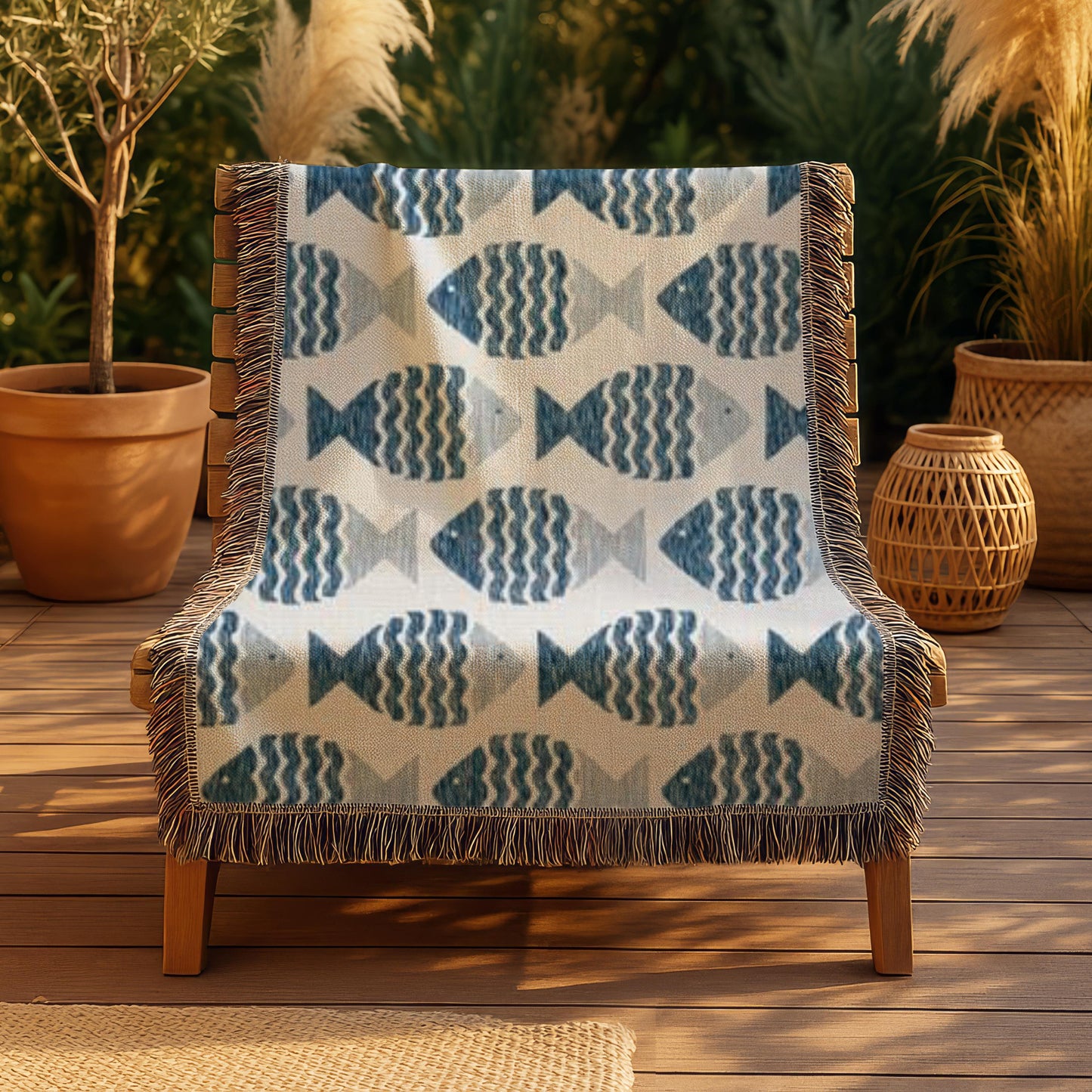 Coastal Boho Throw - Soft Cotton Throw Blanket With Nautical Fish Motif & Fringed Edges