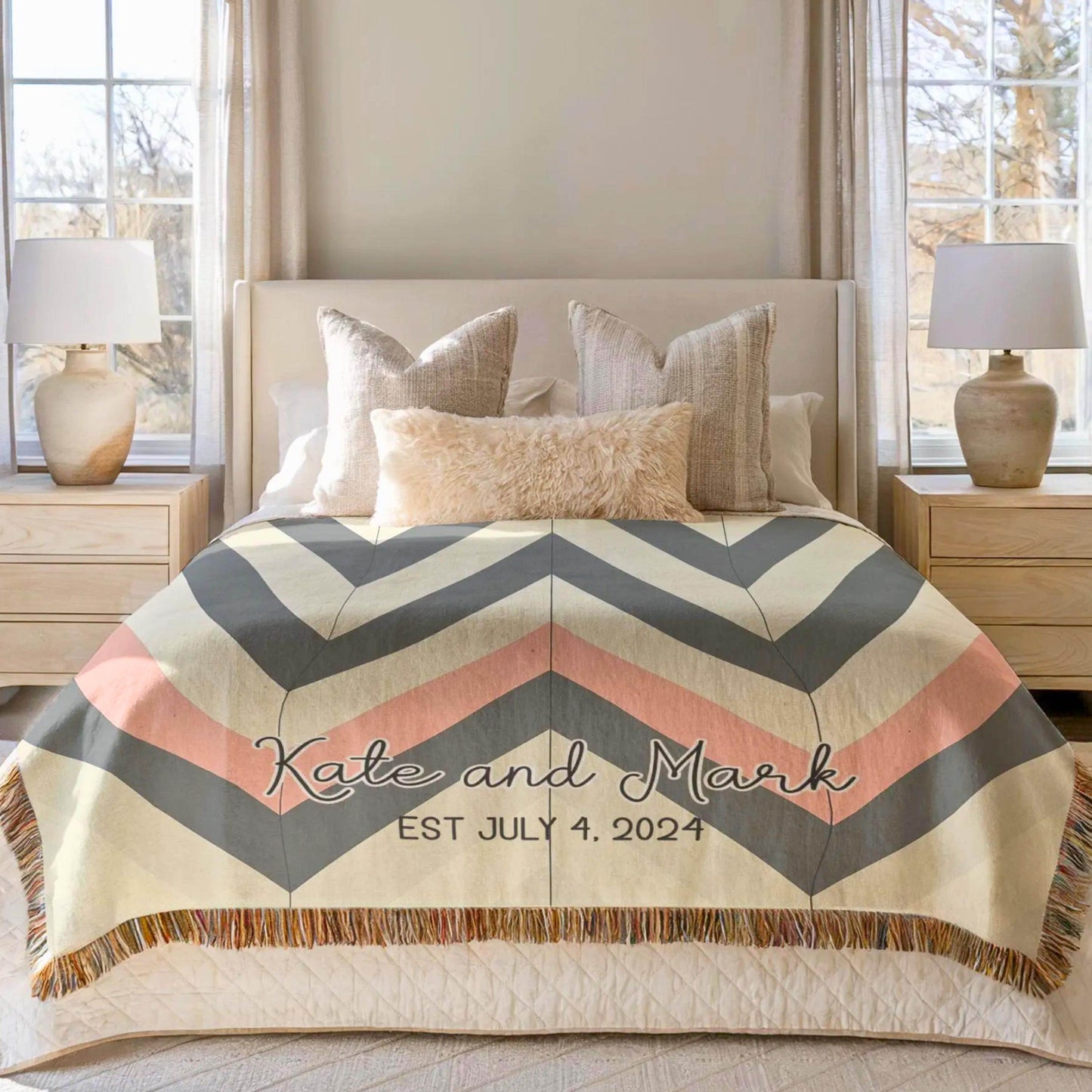 Personalized Wedding Throw Blanket with Zigzag Chevron Design - timelessbohochic.com