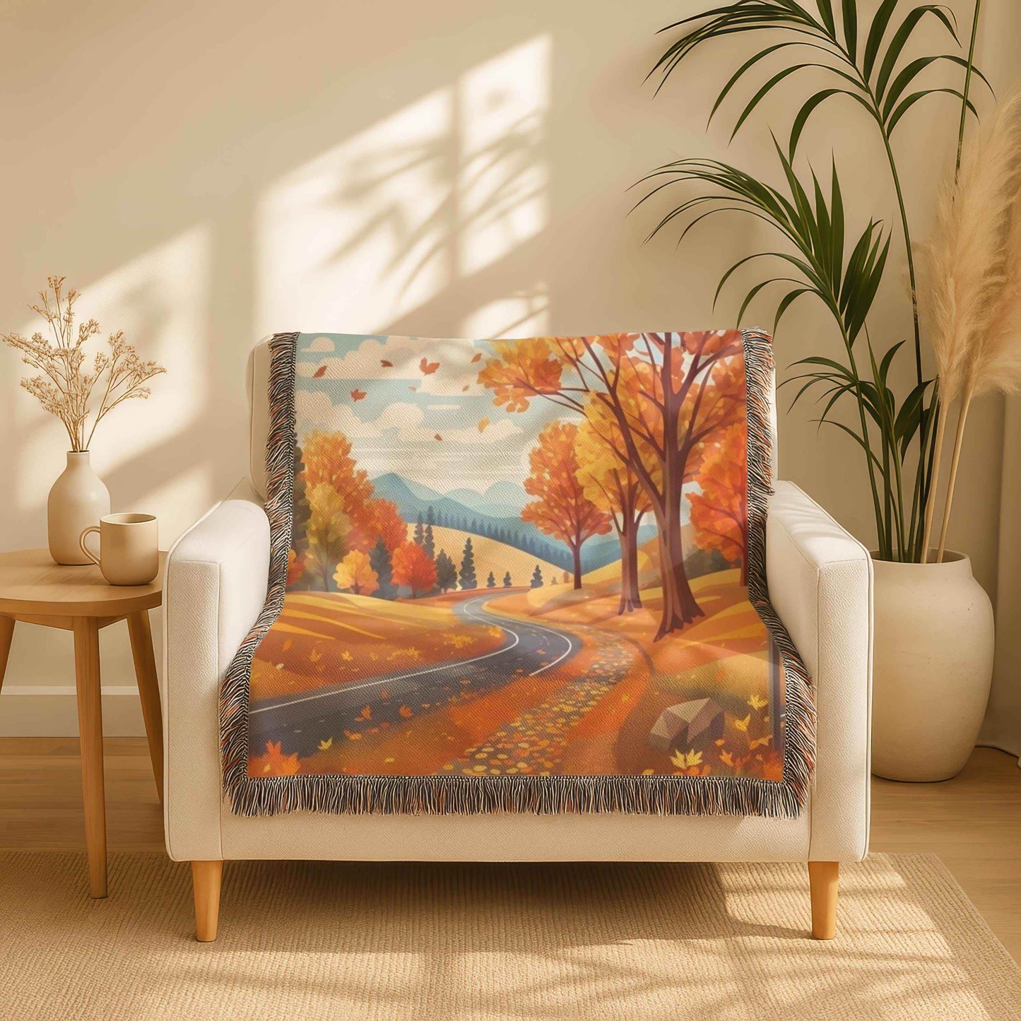 Woven Fall Blanket - Cozy Cotton Throw With Fringed Edge, Autumn Decor - timelessbohochic.com
