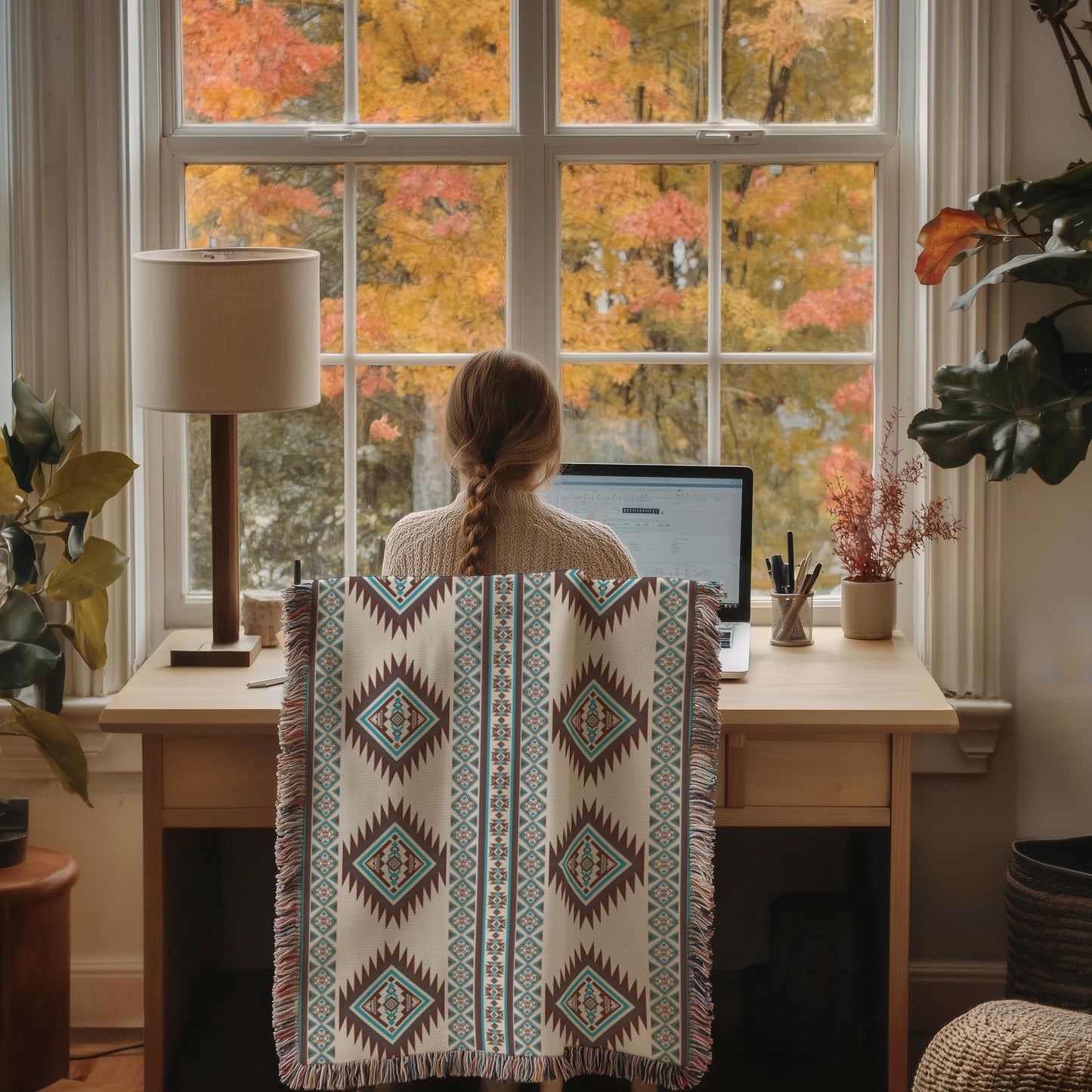 A person is sitting at a desk, working on a laptop, with a colorful patterned blanket draped over the back of the chair. The desk is positioned near a window, offering a view of trees with autumn foliage outside.