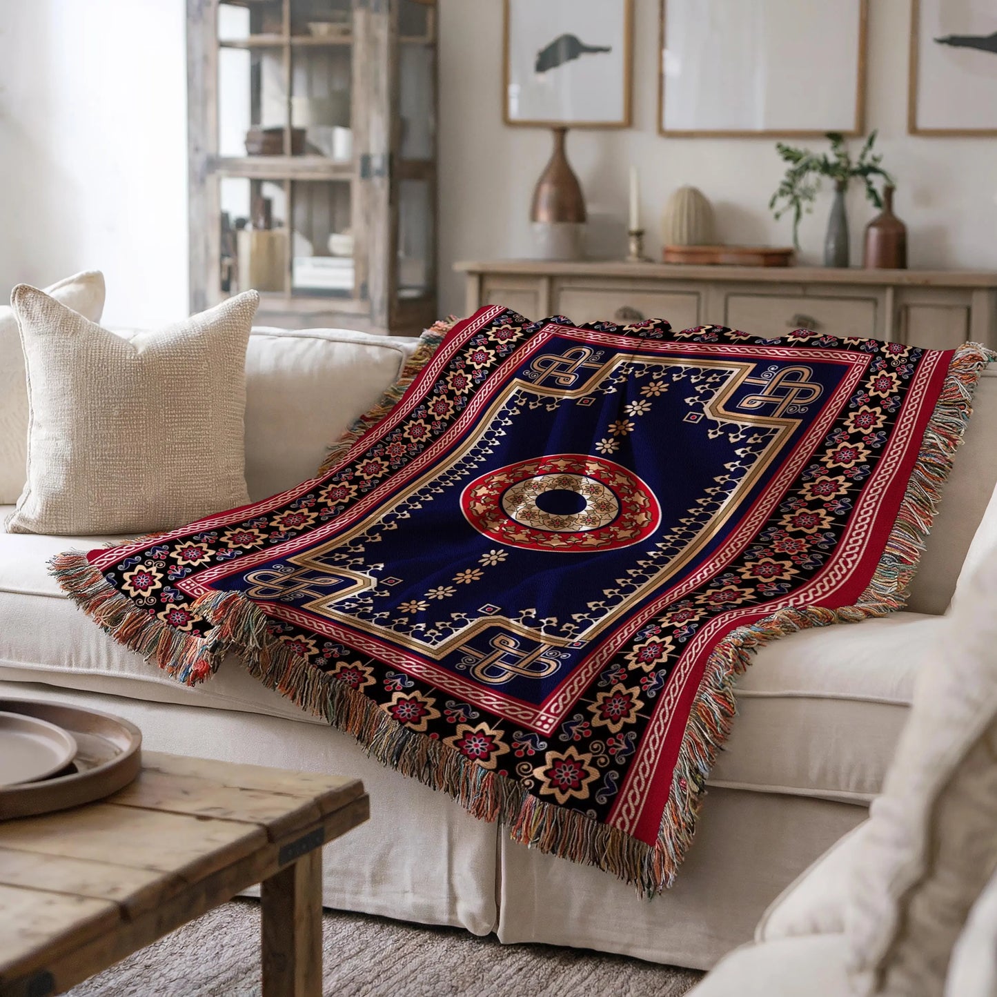 Woven Kilim Blanket - Bohemian Couch Throw With Persian Rug Pattern & Colorful Fringed Edges