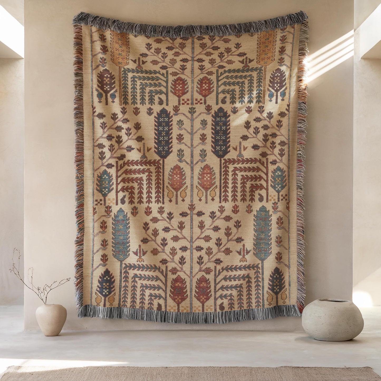 Persian Rug Pillow Blanket - Cotton Throw Blanket & Decorative Cushion Cover | Boho Living Room Decor