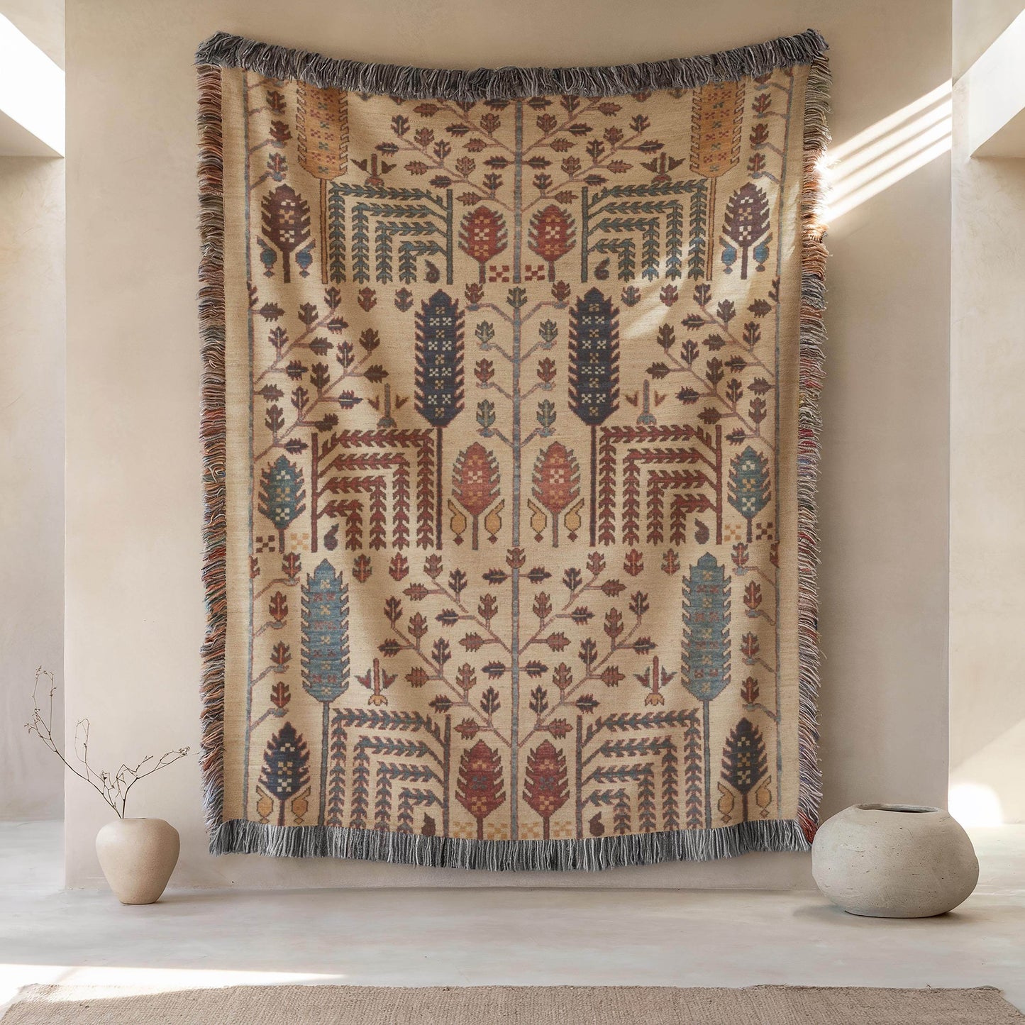 Persian Rug Pillow Blanket - Cotton Throw Blanket & Decorative Cushion Cover | Boho Living Room Decor - timelessbohochic.com