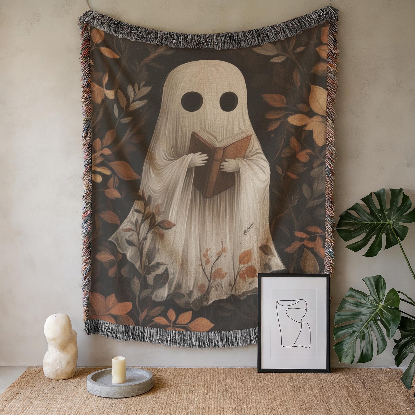 Cute Ghost Tapestry – Cozy Cotton Throw With Reading Ghost Design & Fringed Edge