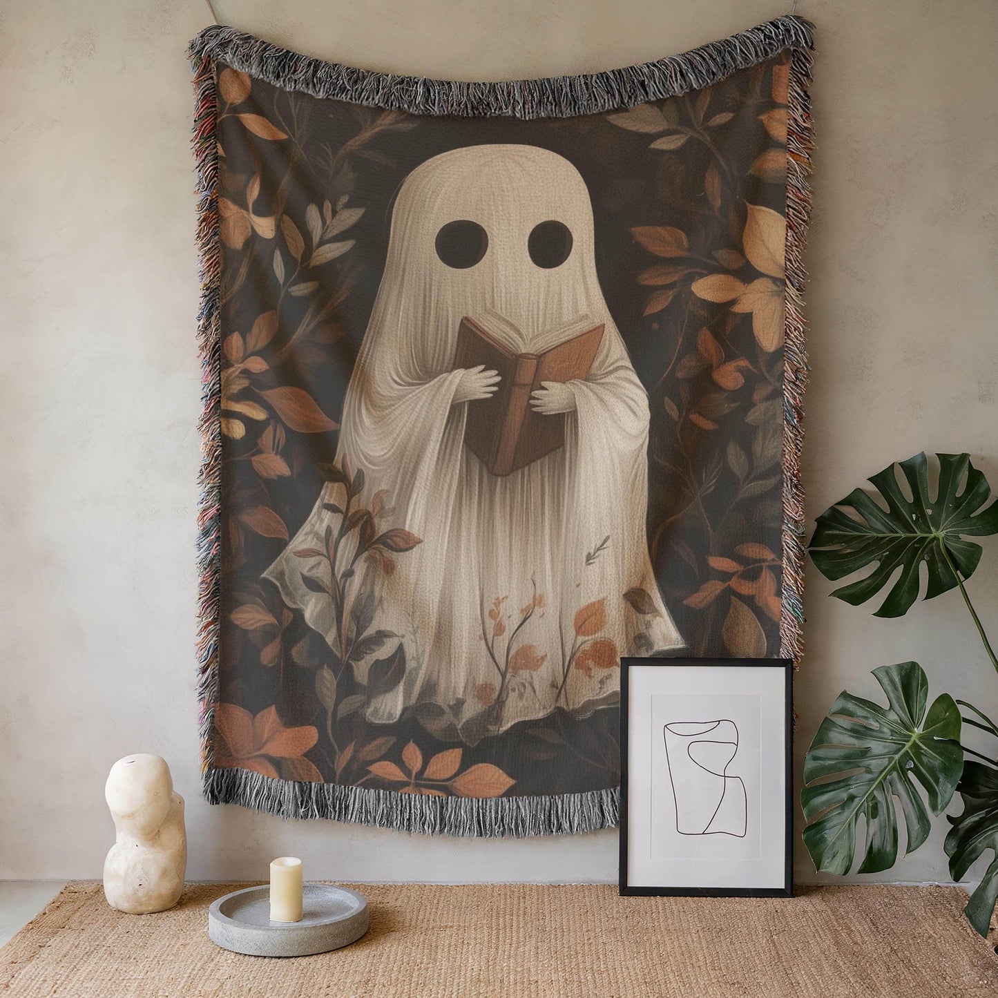 Cute Ghost Tapestry - Cozy Cotton Throw Featuring Adorable Reading Ghost Design - timelessbohochic.com
