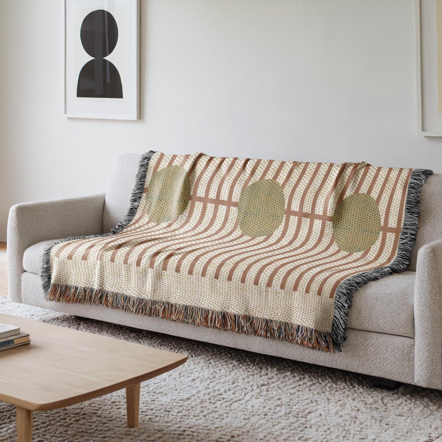 Woven Cotton Blanket - Cozy Rustic Stripe Throw With Green Dots Pattern