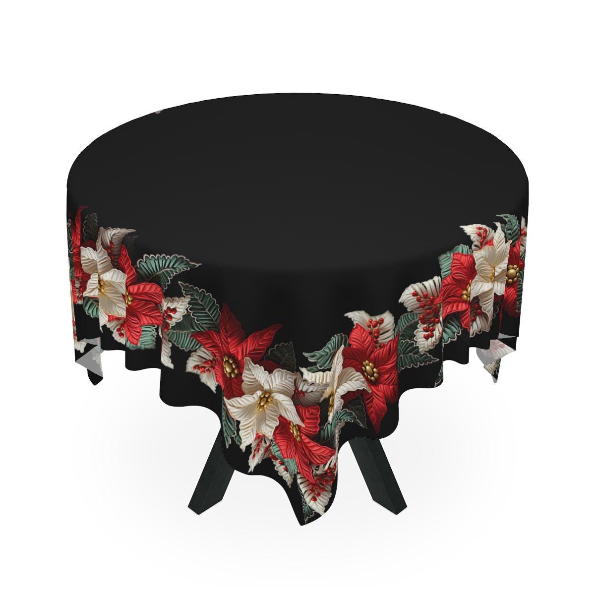 Holiday Tablecloth – Classic Christmas Linen with Poinsettia Pattern, Durable Polyester Fabric