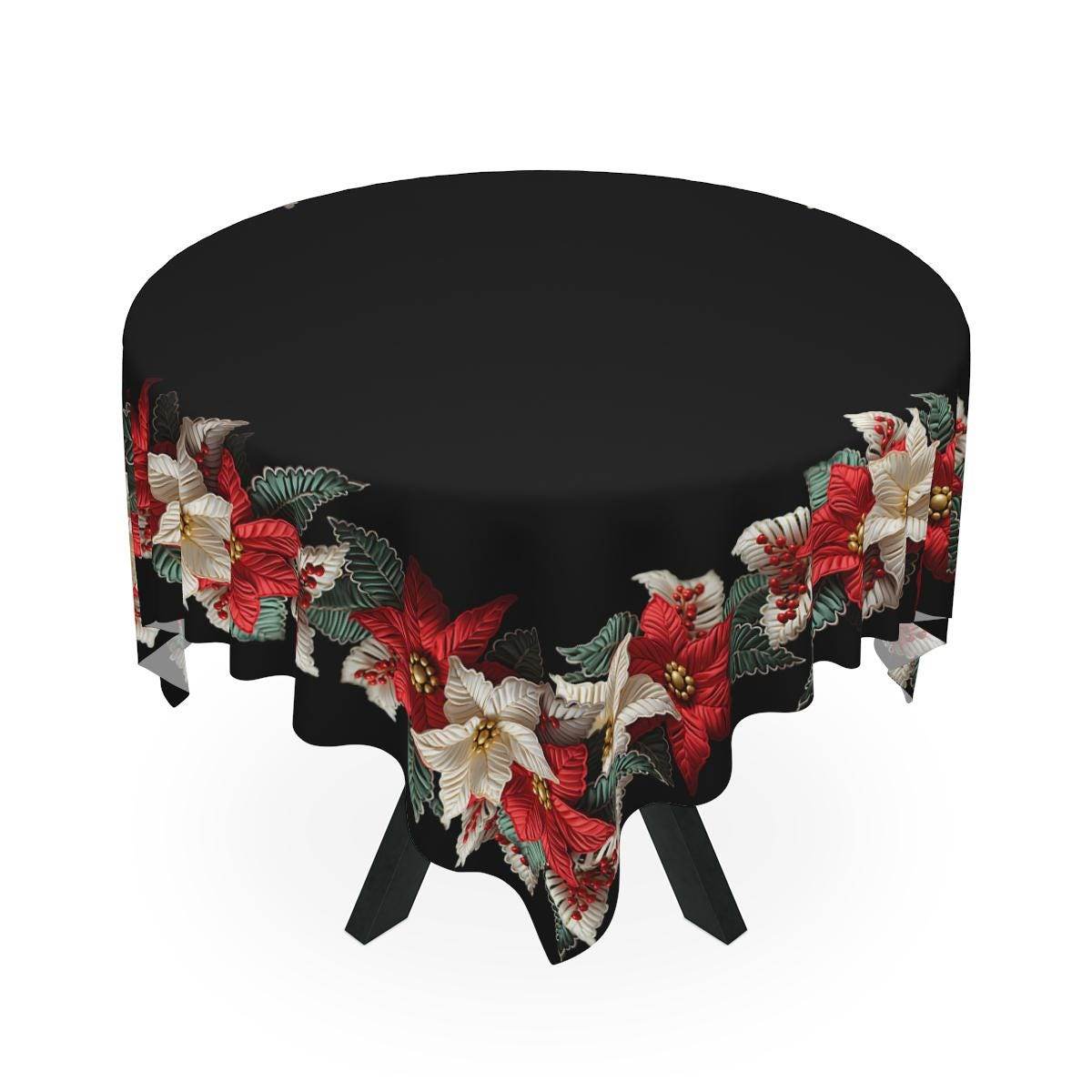 Holiday Tablecloth – Classic Christmas Linen with Poinsettia Pattern, Durable Polyester Fabric - timelessbohochic.com