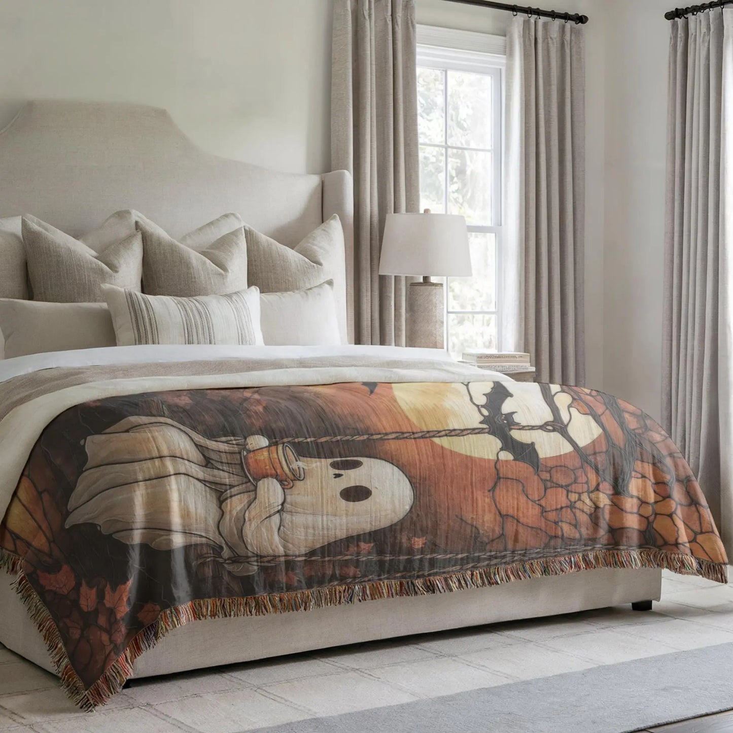 Woven Ghost Blanket – Cozy Throw Blanket with Pumpkin Moon Design | Spooky Home Decor