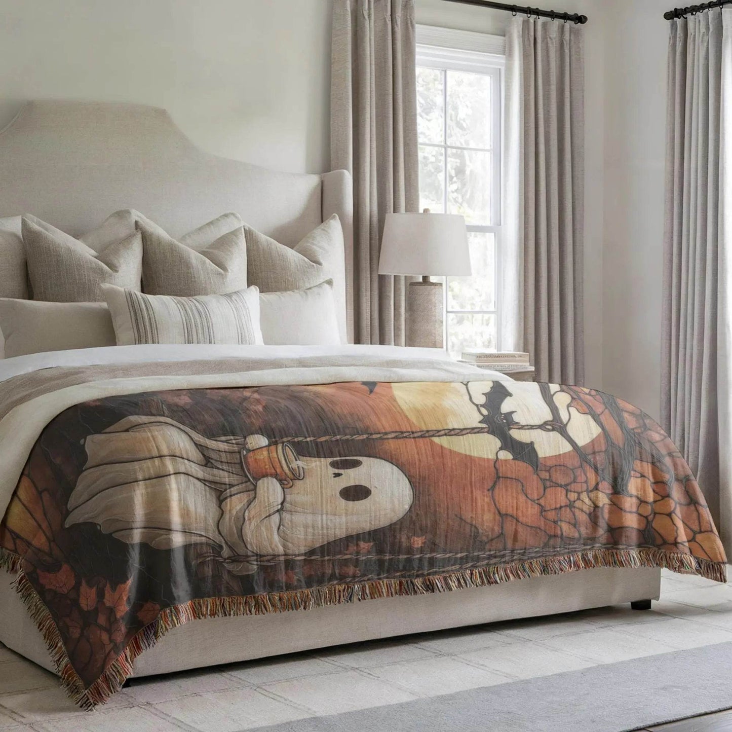 Woven Ghost Blanket – Cozy Throw Blanket with Pumpkin Moon Design | Spooky Home Decor - timelessbohochic.com