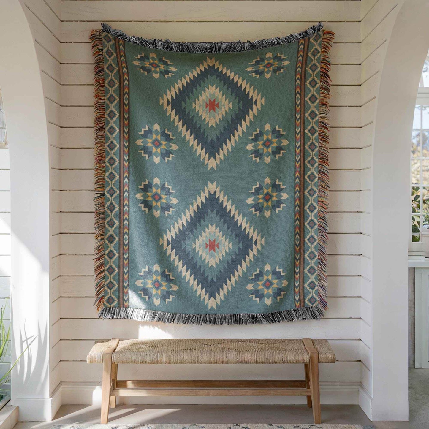 Navajo Wall Tapestry - Rustic Cotton Boho Patio Blanket with Colorful Fringed Edges - timelessbohochic.com