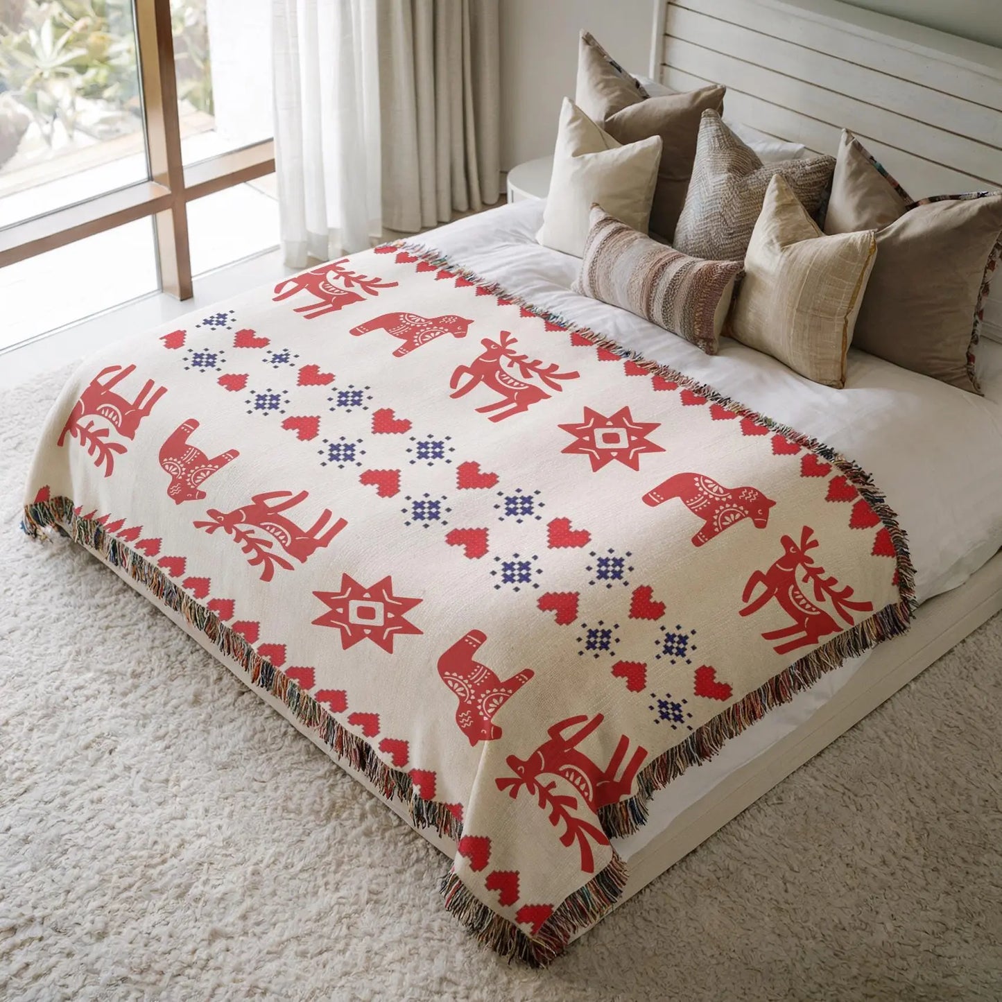 Swedish Woven Blanket - Nordic Throw Blanket With Dala Horse & Reindeer Design
