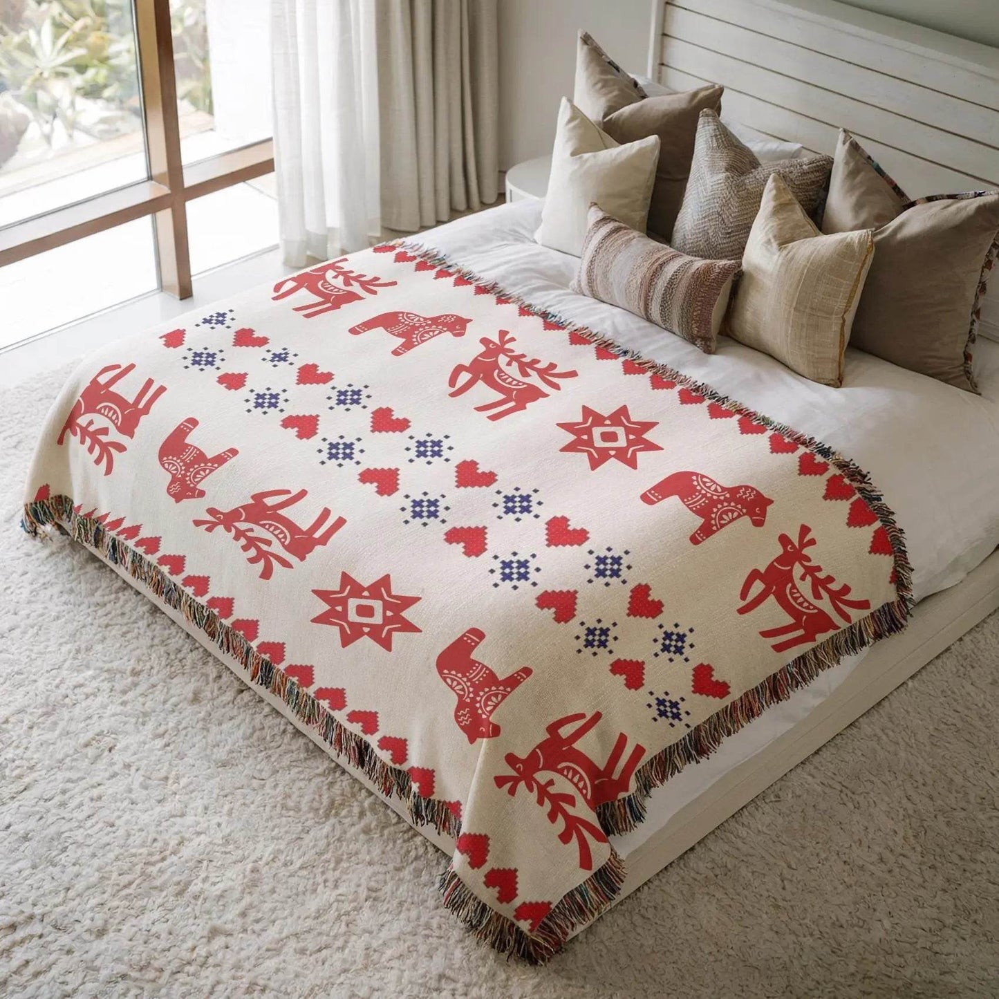 Swedish Woven Blanket - Nordic Throw Blanket With Dala Horse & Reindeer Design - timelessbohochic.com