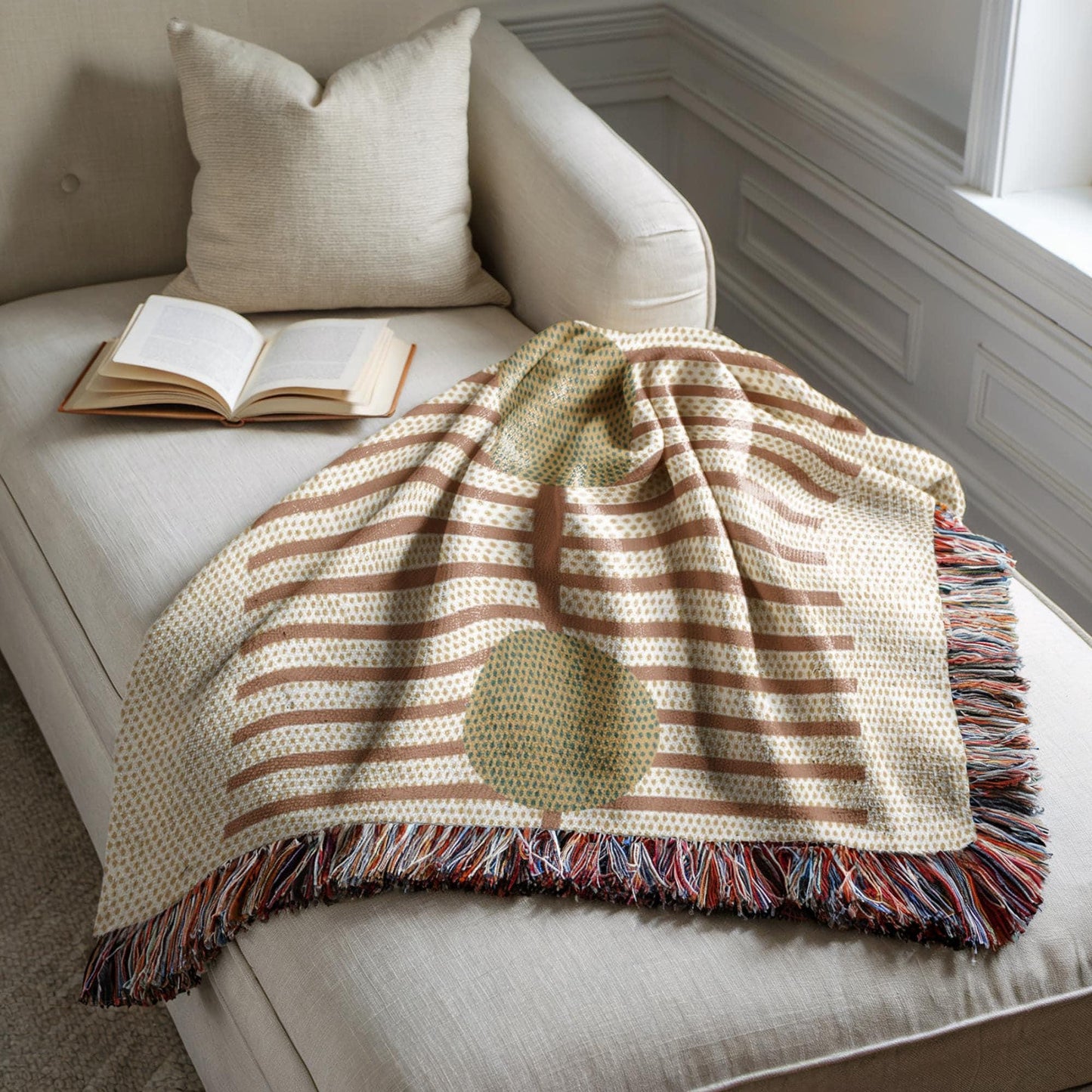 Woven Cotton Blanket - Cozy Rustic Stripe Throw With Green Dots Pattern