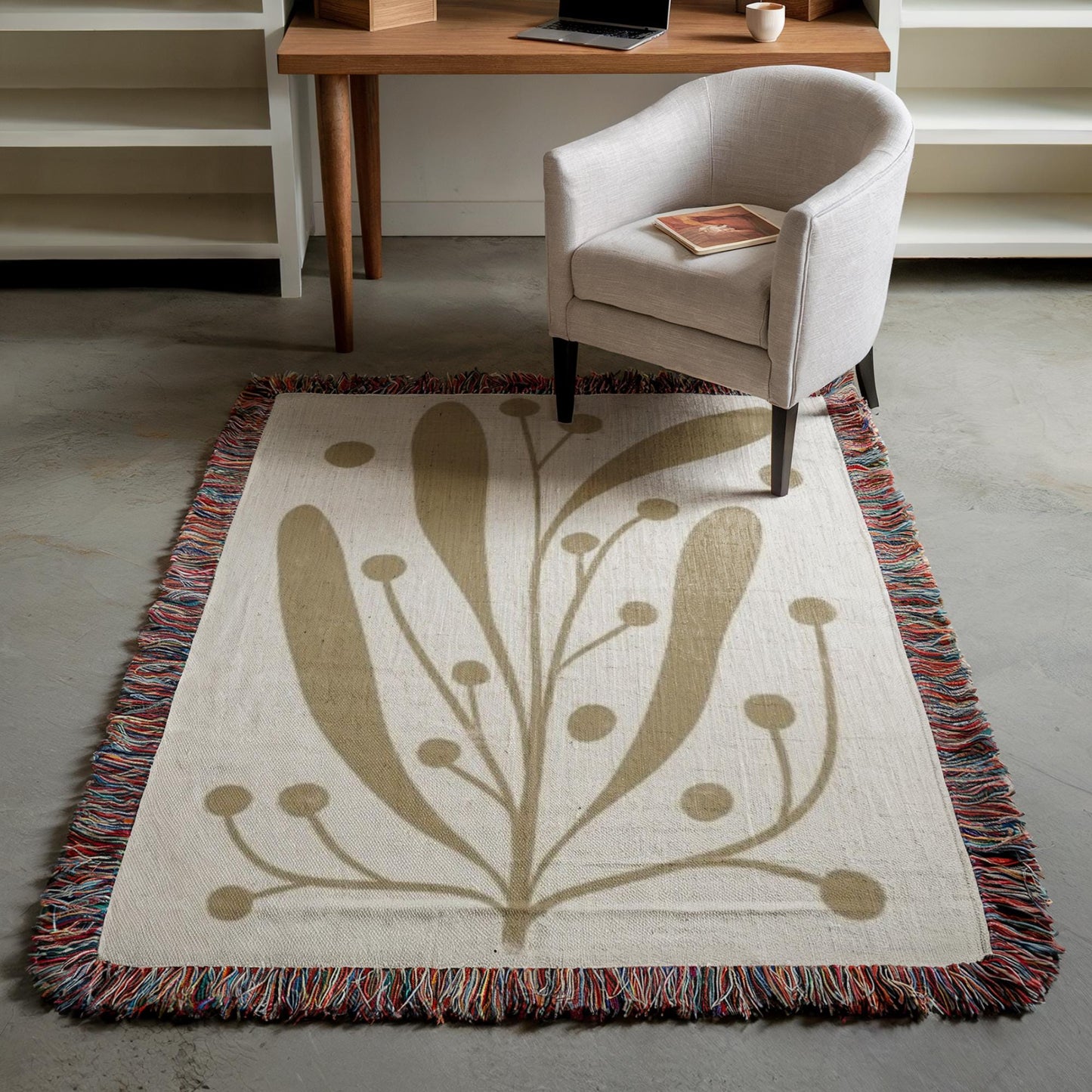 Woven Office Blanket - Mid Century Modern Linden Leaf Cotton Throw with Fringed Edges
