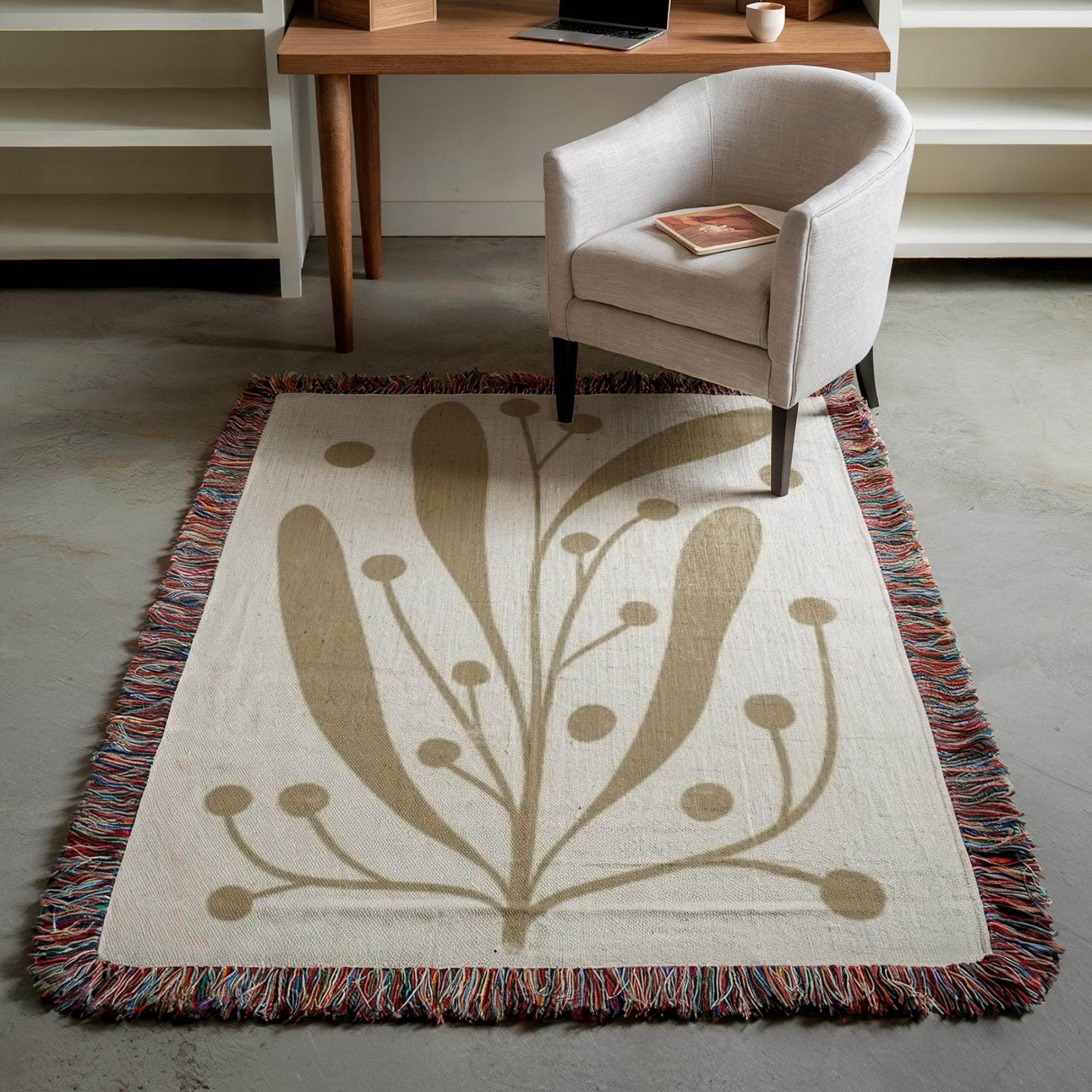 Woven Office Blanket - Mid Century Modern Linden Leaf Cotton Throw with Fringed Edges - timelessbohochic.com