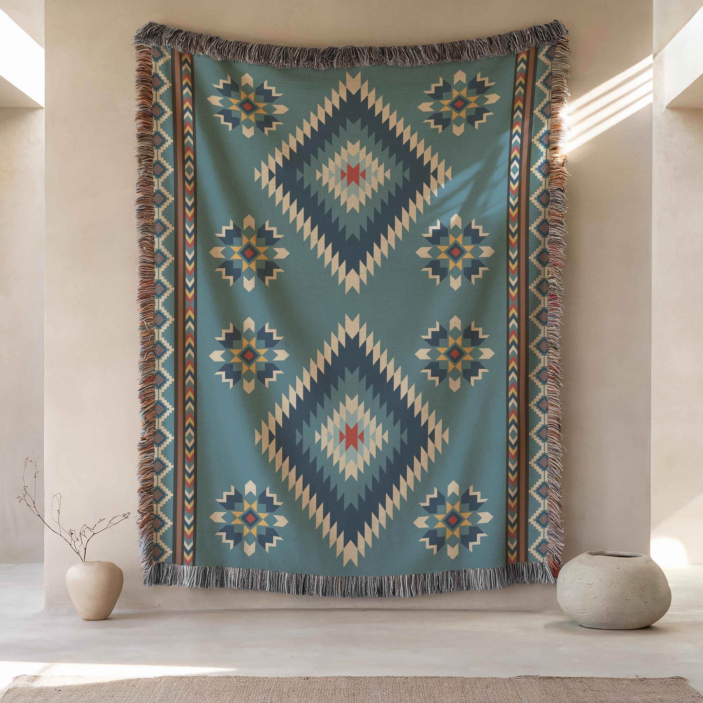 Navajo Wall Tapestry - Rustic Cotton Boho Patio Blanket with Colorful Fringed Edges - timelessbohochic.com