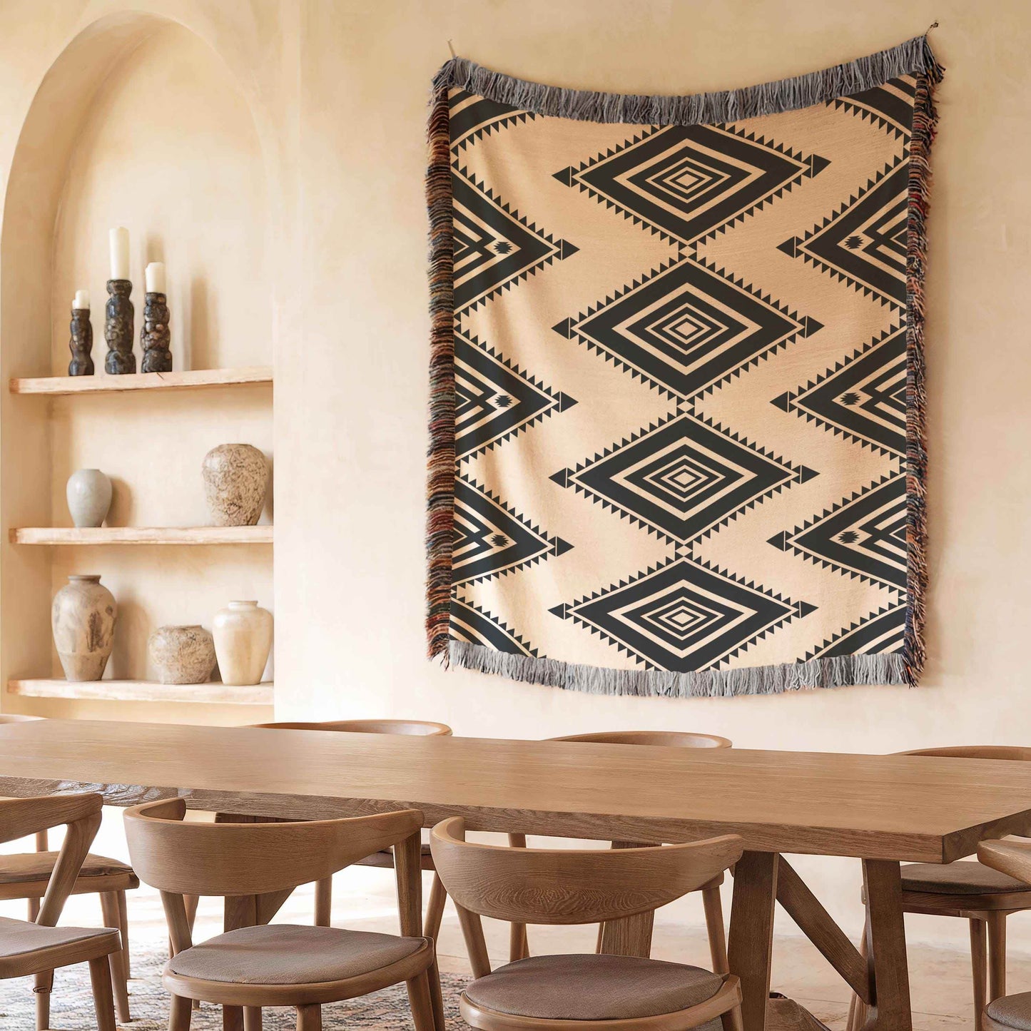 Cotton Southwestern Throw Blanket with Tribal Pattern and Fringed Edges - timelessbohochic.com