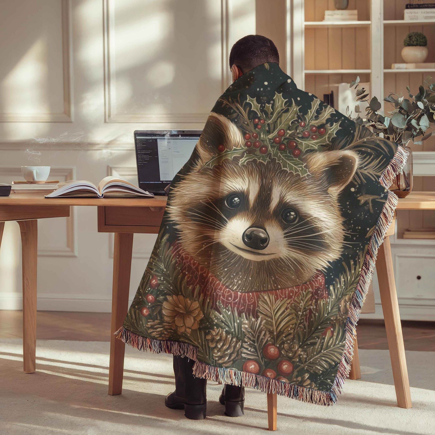 Xmas Racoon Tapestry - Cozy Woven Blanket | Woodland Animal Decor | Christmas Home Accent - timelessbohochic.com