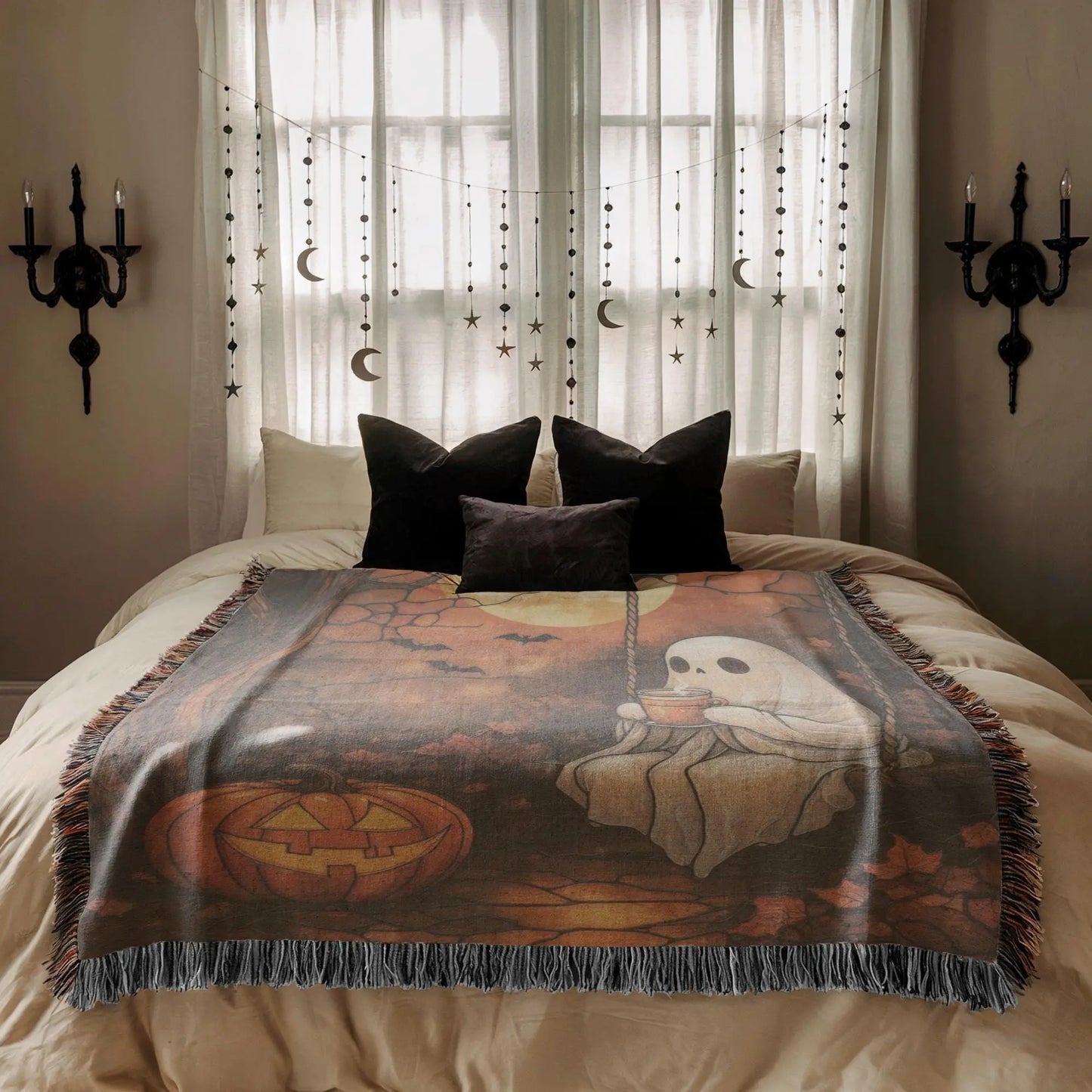 Halloween Throw Blanket - Cozy Woven Cotton Fabric Lap Blanket With Pumpkin Moon Design