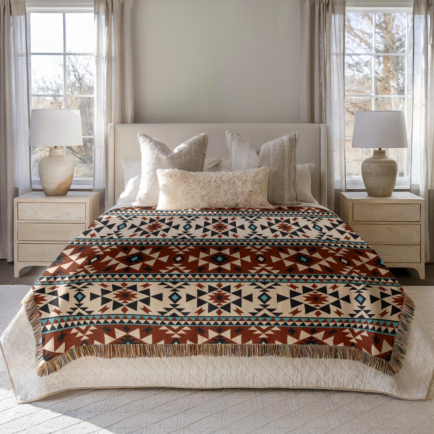 Ikat Throw Blanket – Southwestern Pattern, Cotton Fringed Edge Blanket, Cozy Home Decor