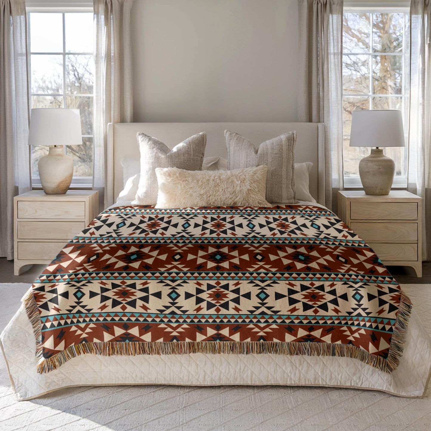 Ikat Throw Blanket – Southwestern Pattern, Cotton Fringed Edge Blanket, Cozy Home Decor - timelessbohochic.com