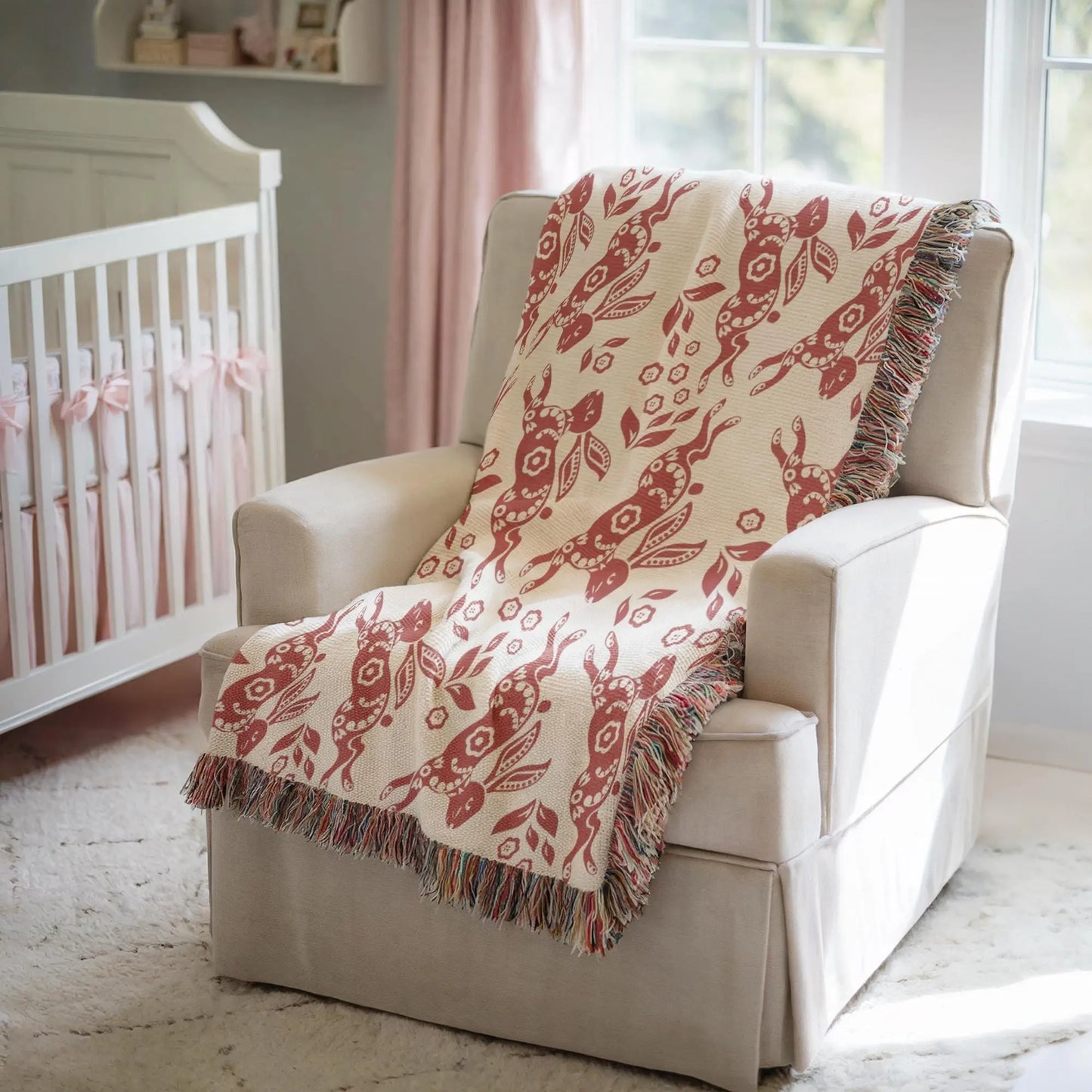 Nordic Cotton Throw – Cozy Boho Sofa Blanket With Dala Bunny Design & Lightweight Picnic Wrap