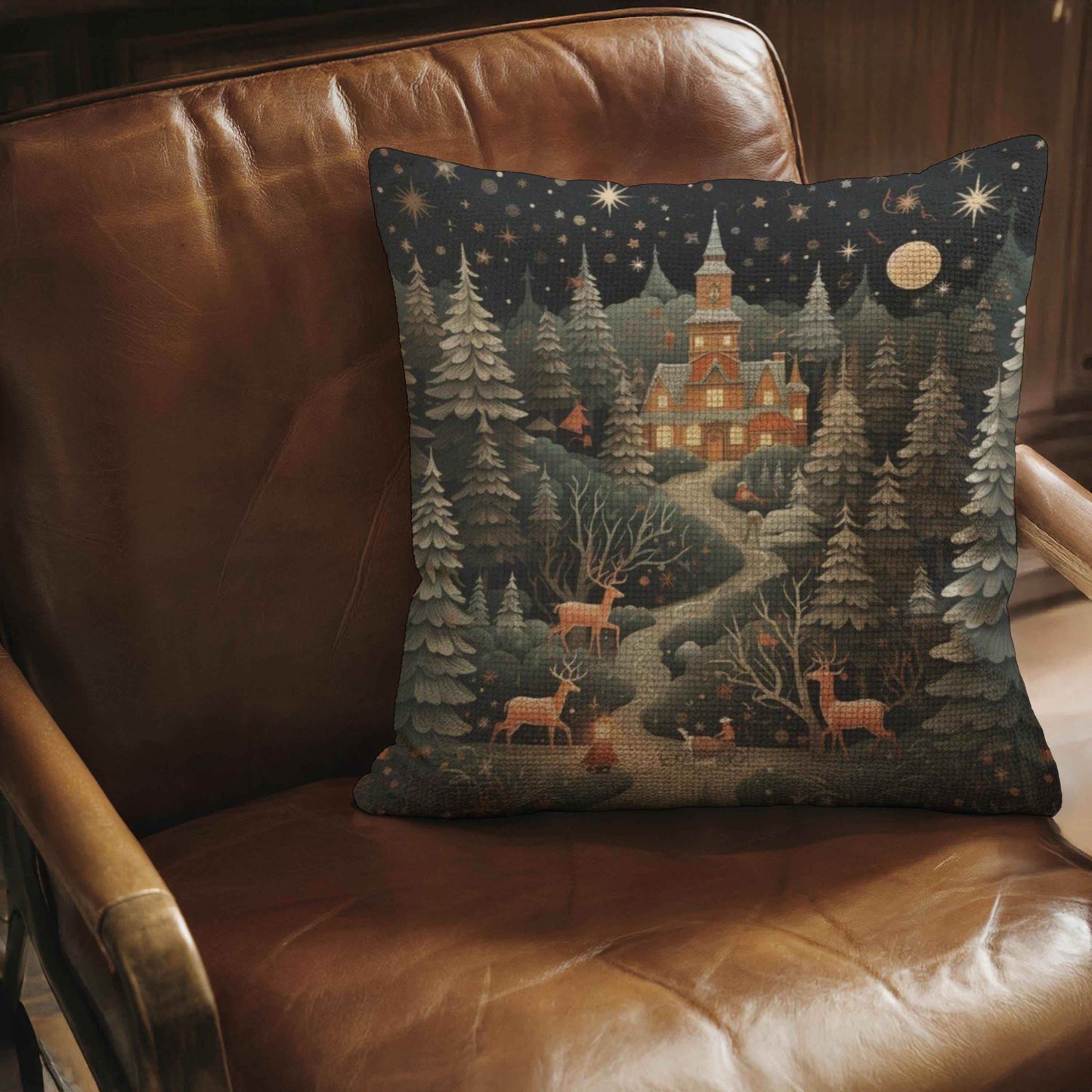 Folk Art Pillow Woven Throw Holiday Decor Cushion – Winter Castle Christmas Tree - timelessbohochic.com