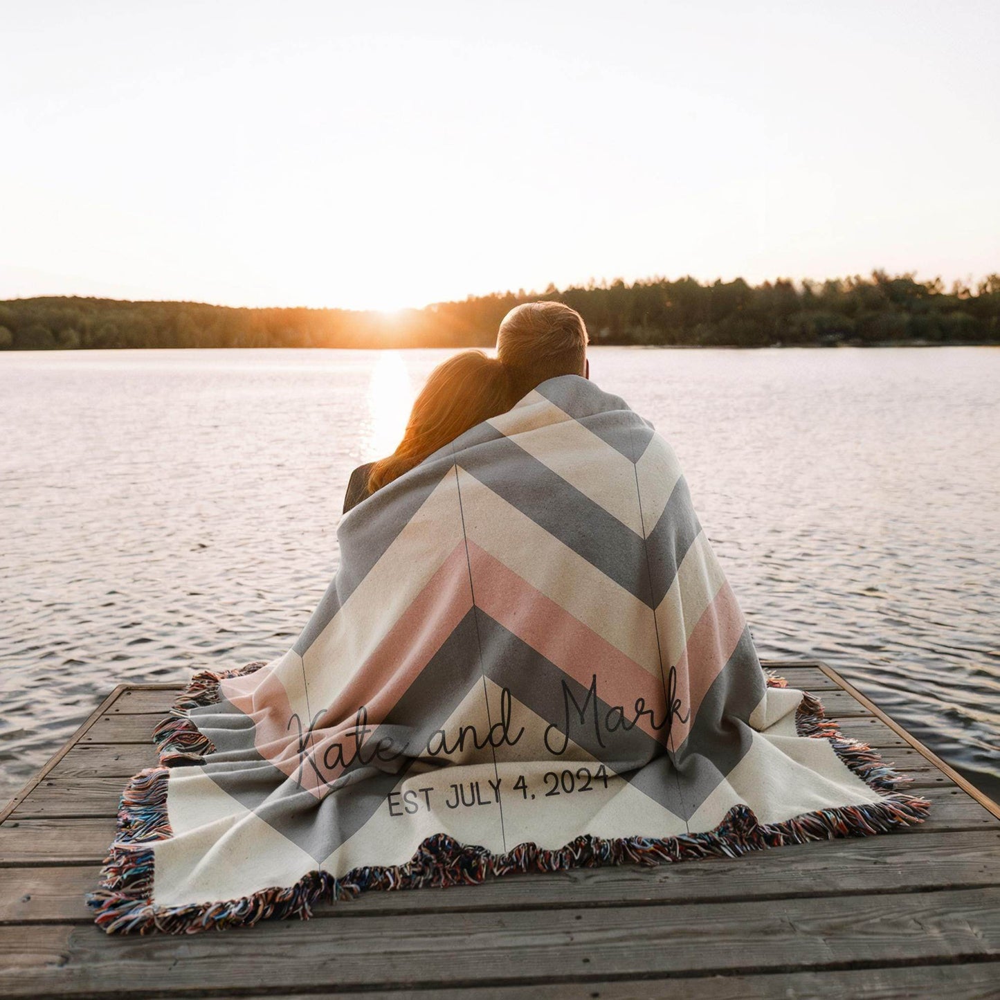Personalized Wedding Throw Blanket with Zigzag Chevron Design - timelessbohochic.com
