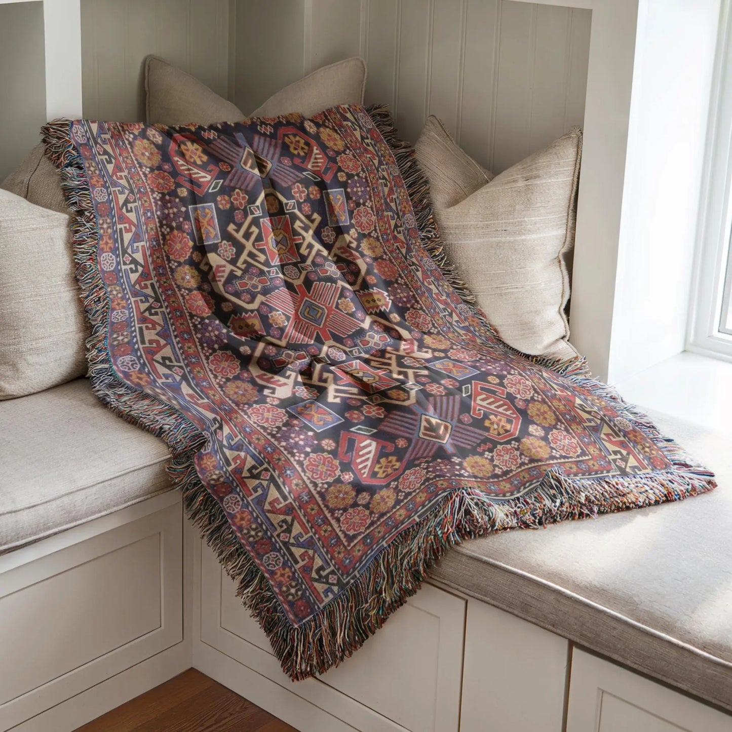 Cotton Throw Blanket – Boho Turkish Rug Patterned Woven Textile with Fringed Edges