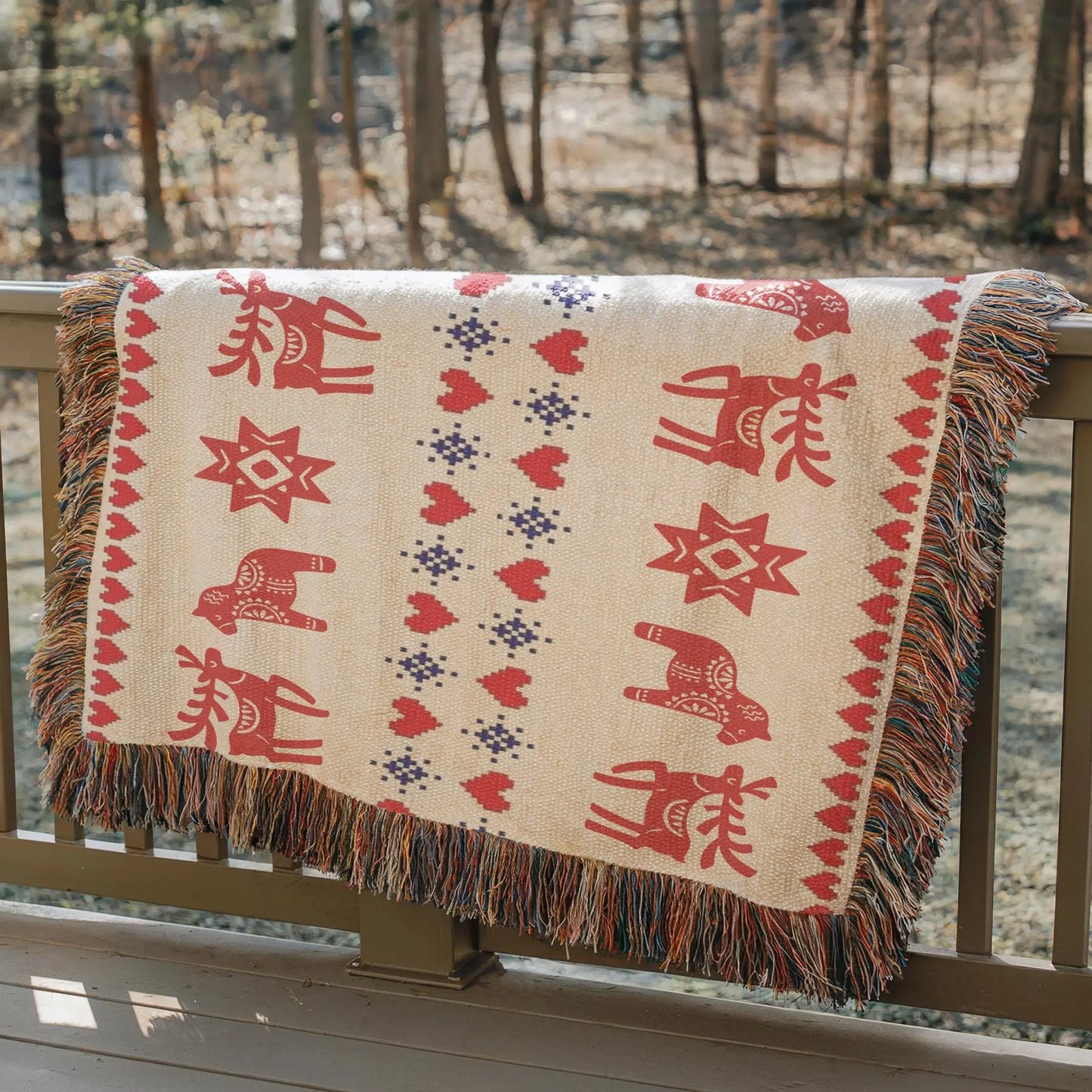 Scandi Woven Blanket – Nordic Cotton Throw With Dala Horse & Reindeer Decor