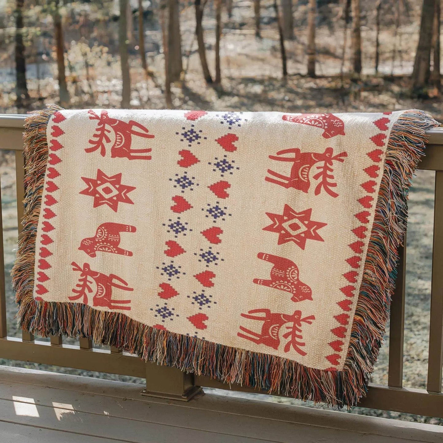 Scandi Woven Blanket – Nordic Cotton Throw With Dala Horse & Reindeer Decor - timelessbohochic.com