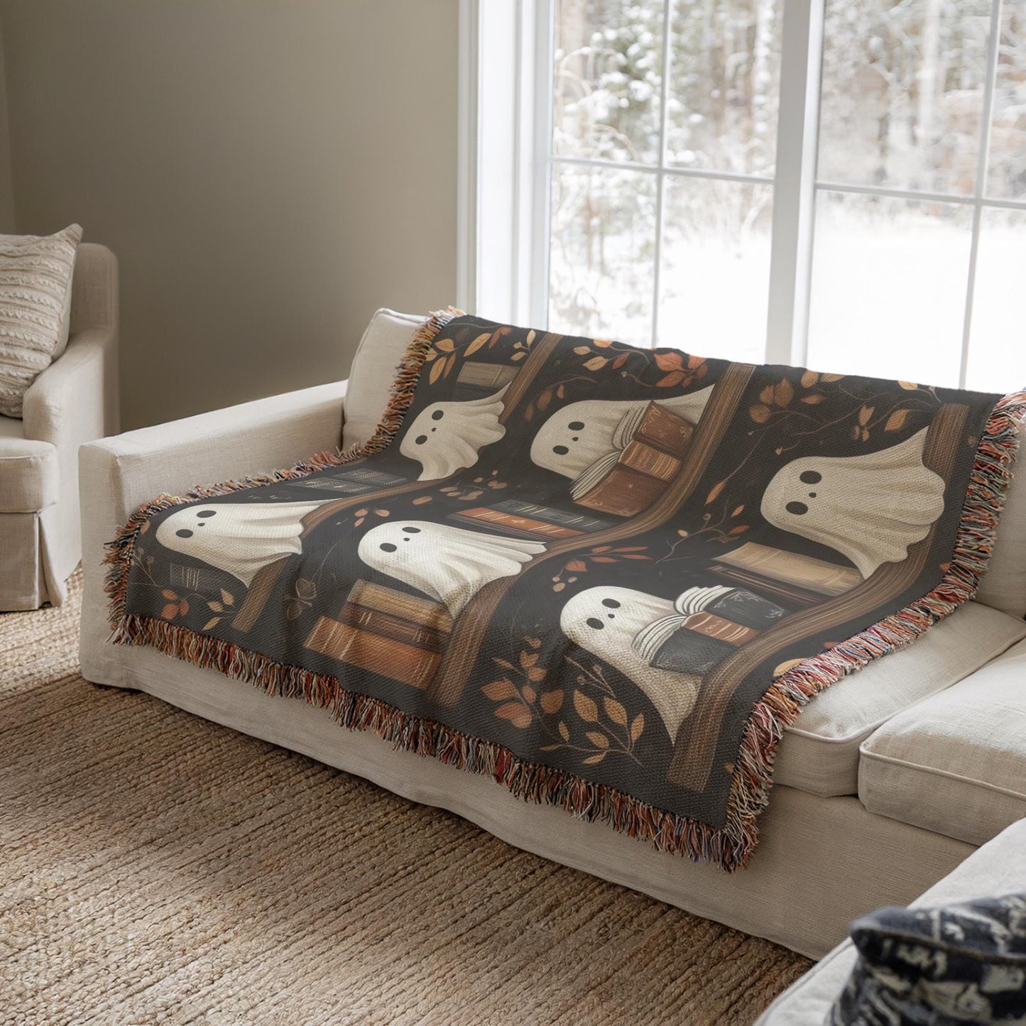Halloween Blanket | Spooky Sofa Throw With Ghost Bookshelf Decor & Colorful Fringed Edges