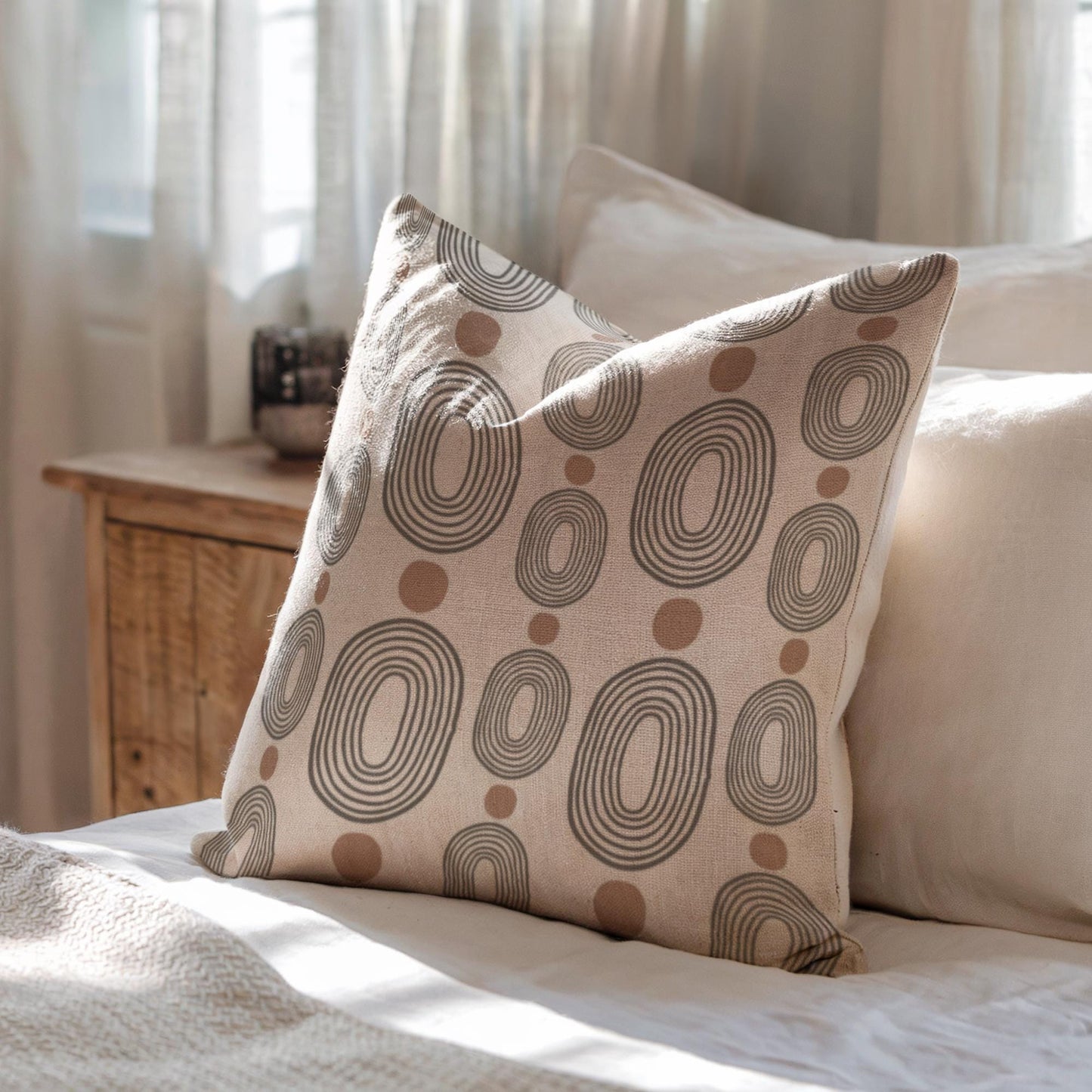 Woven Decorative Pillow - Modern Boho Throw Pillow with Black Ovals & Rust Dots