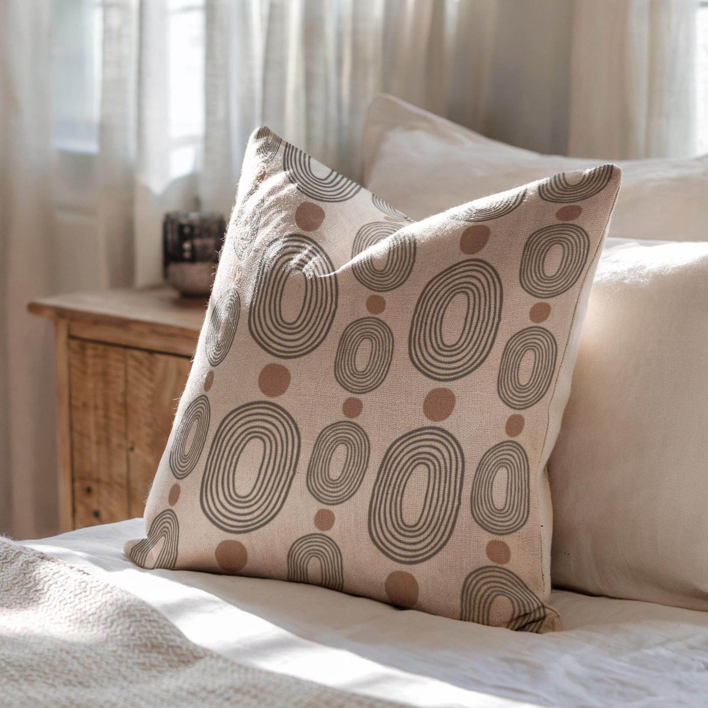 Woven Decorative Pillow - Modern Boho Throw Pillow with Black Ovals & Rust Dots - timelessbohochic.com