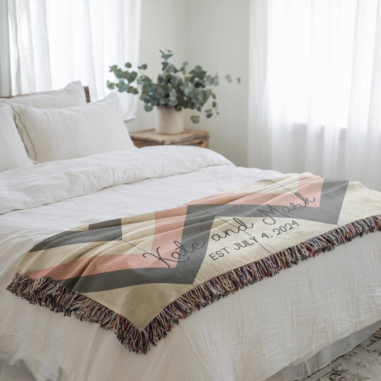 Personalized Throw Blanket - Custom Wedding Throw With Zigzag Chevron Design