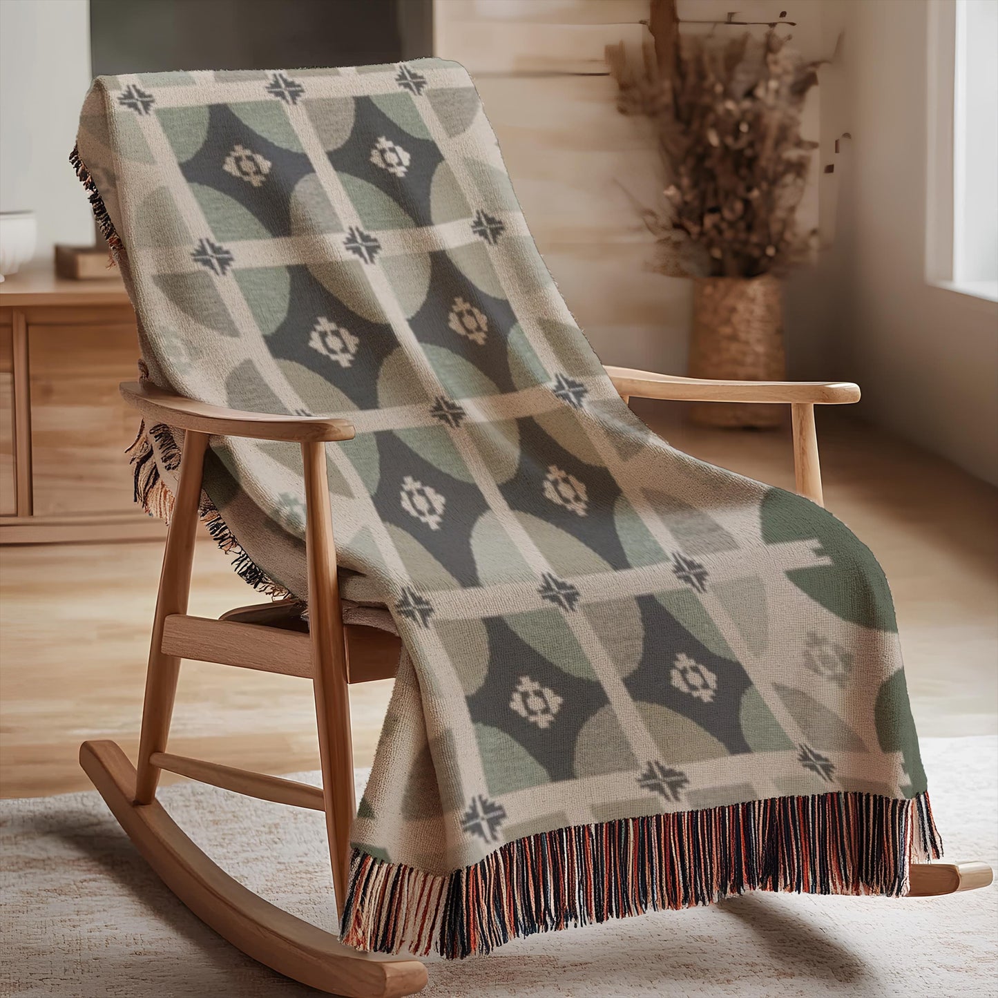 Woven Cotton Blanket – Sage Green Throw | Modern Home Decor, Geometric Design