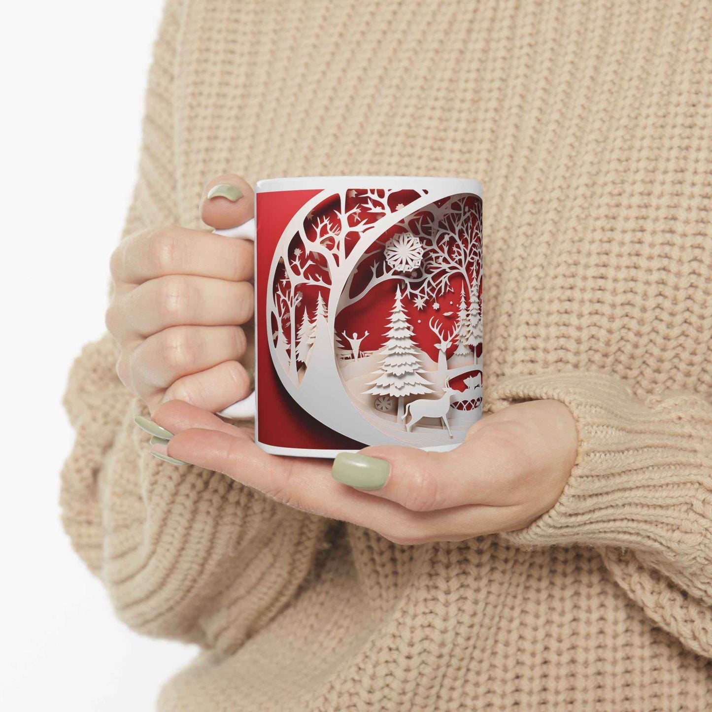 Festive Ceramic Mug – Red And White Holiday Coffee Cup | Cozy Winter Tea Mug - timelessbohochic.com